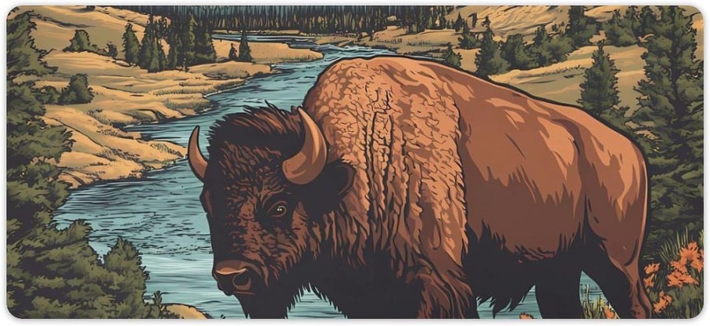 Vintage Bison in Mountains Desk Mat Large Laptop Desk Pad Extended Lock Side Mouse Pad for Gamer and Home 40x90cm