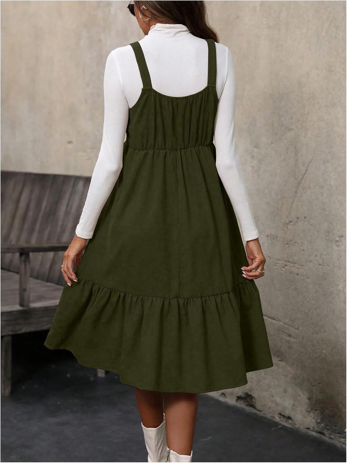 WDIRARA Women's Button Front Sleeveless Ruffle Hem Pinafore Dress Corduroy Jumper Dress - Image 2