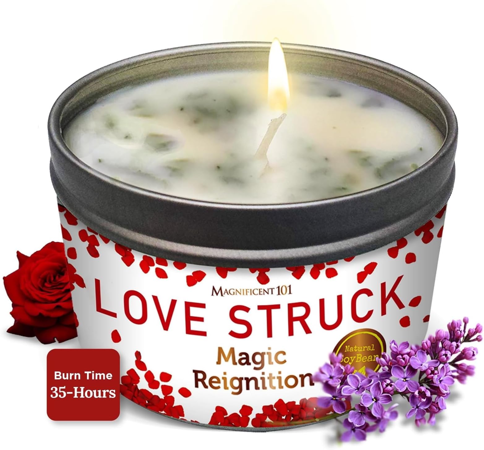 Magnificent 101 Love Struck Aromatherapy Tin Candle | 6 Oz - 35 Hour Burn | All Natural Soy Wax with Sage Rose Jasmine Lavender Lilac for Love Reignition, Purification, Manifestation, Chakra Healing
