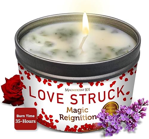 Magnificent 101 Love Struck - Vela de lata de aromaterapia 6 onzas 35 horas de combustión Cera de soja totalmente natural con rosa salvia,