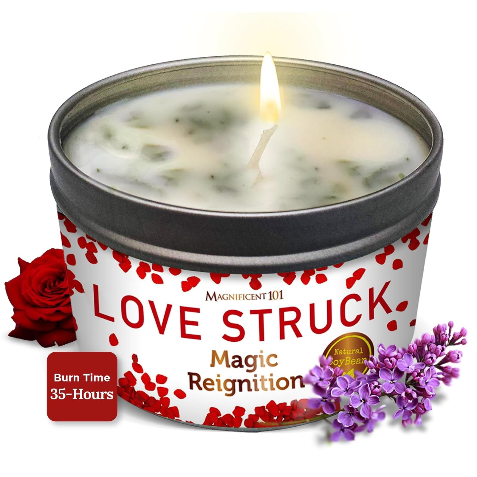 Magnificent 101 Love Struck Aromatherapy Tin Candle | 6 Oz - 35 Hour Burn | All Natural Soy Wax with Sage Rose Jasmine Lavender Lilac for Love Reignition, Purification, Manifestation, Chakra Healing