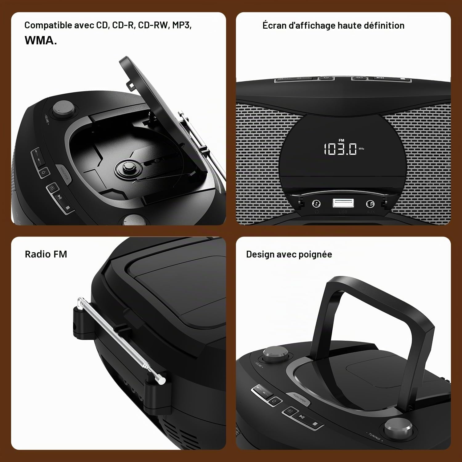 LONPOO Lecteur CD Portable, Poste CD Compatible CD-R/RW/WMA et MP3, Lecteur CD Bluetooth 5.3, USB,AC/Batterie
