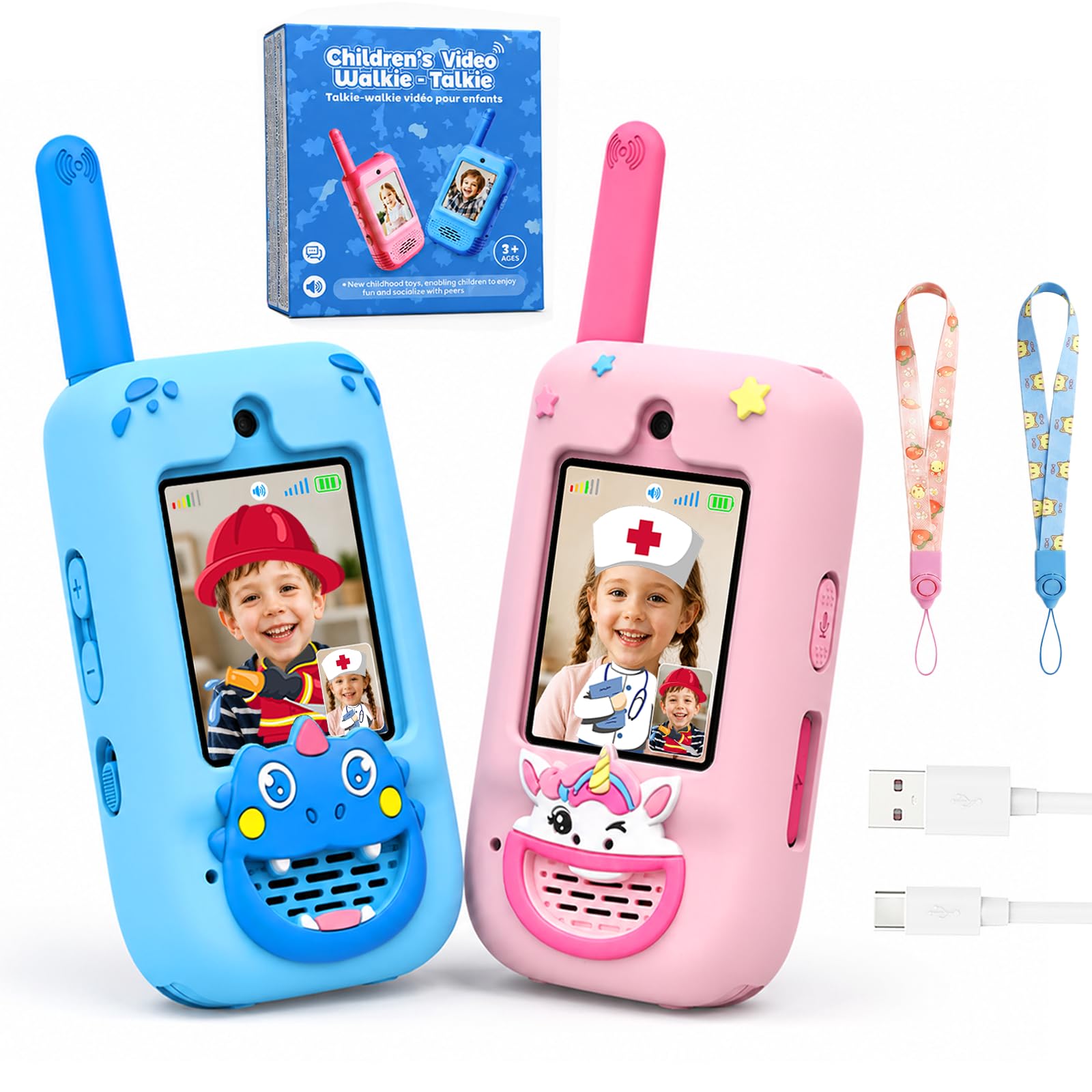 KOKODI Talkie-walkie Vidéo pour Enfants 3 à 9 Ans, Talkies Radio Rechargeables avec Écran Temps Réel et Coques Silicone Fun (Dinosaure Bleu & Licorne Rose)