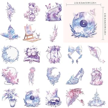 Scrapbook Stickers 50pcs Fantasy PET Transparent Nature Flower Stickers for Scrapbooking, Waterproof Scrap Book Accessories, Craft Supplies for Card Journal Laptops,Purple Fantasy