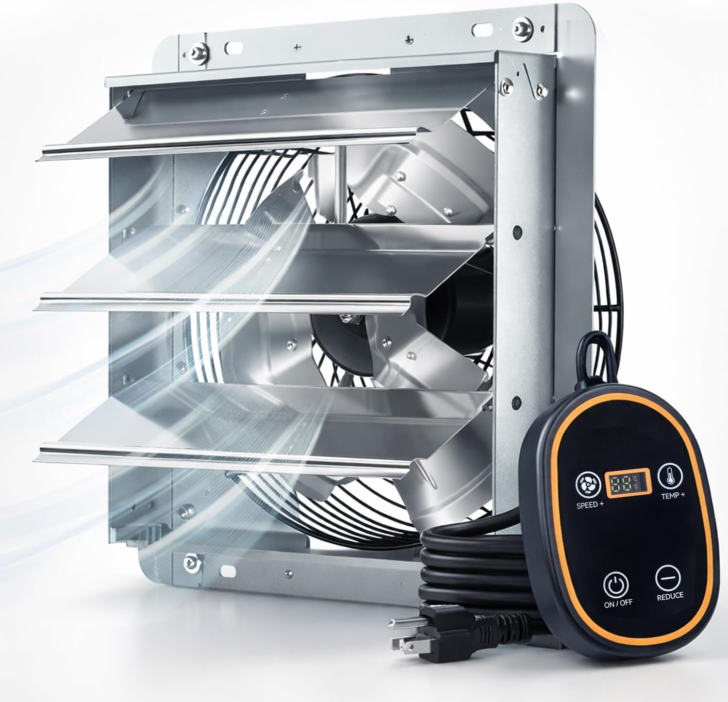 Amico 12" Smart Shutter Exhaust Fan with Thermostat & 8 Speed, 1282 CFM (Up To 1600 Sq.Ft), 25W Energy Saving Brushless DC Motor, Wall Mount Garage/Attic/Greenhouse Vent Fan, Plug & Play, FCC