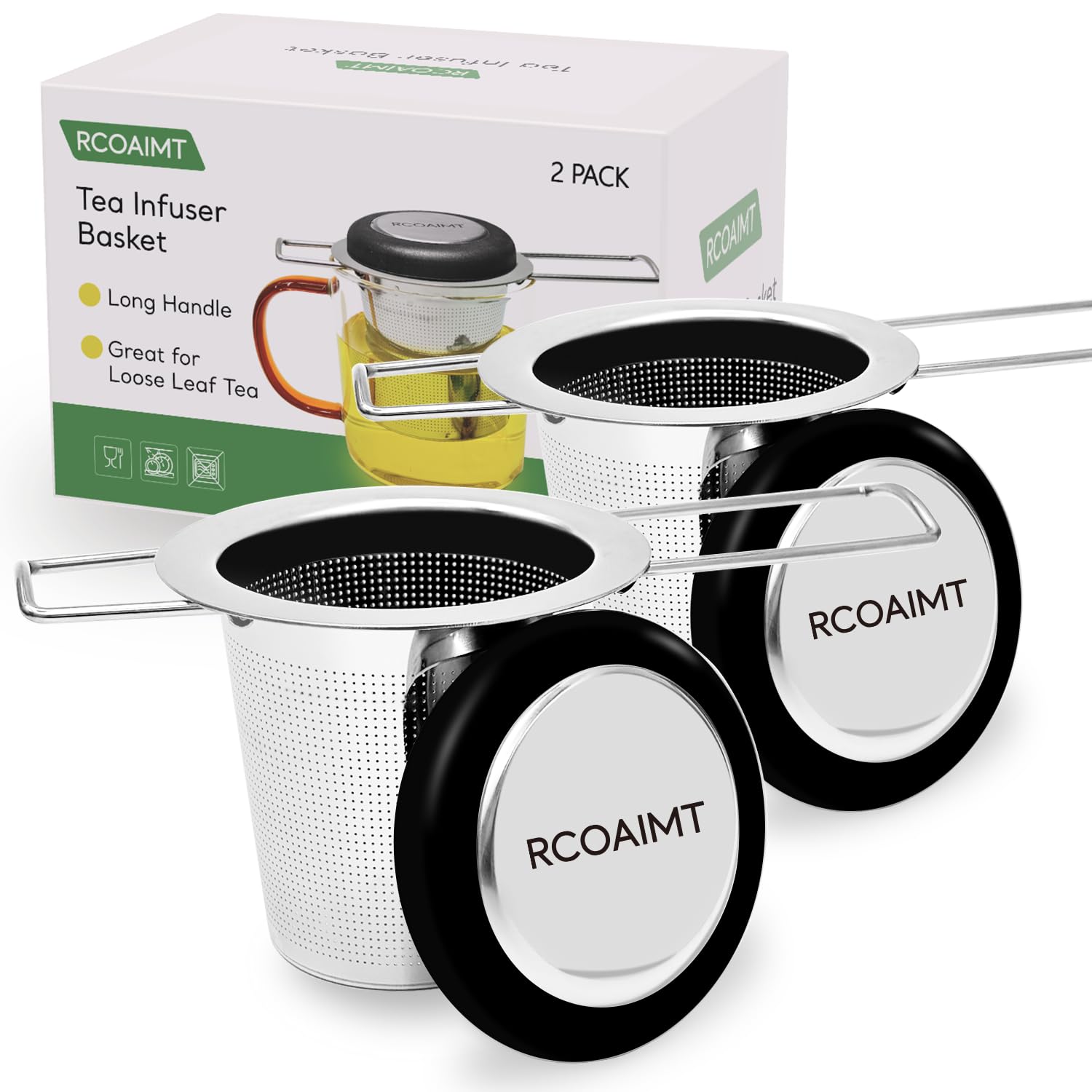 RCOAIMT Tea Infuser Set of 2 with Silicone Heat-Resistant Lids, 304 Stainless Steel Fine Mesh Tea Strainers for Loose Leaf Tea, Coffee, Herbs & Spices, Reusable Long Handle Filter, Dishwasher Safe