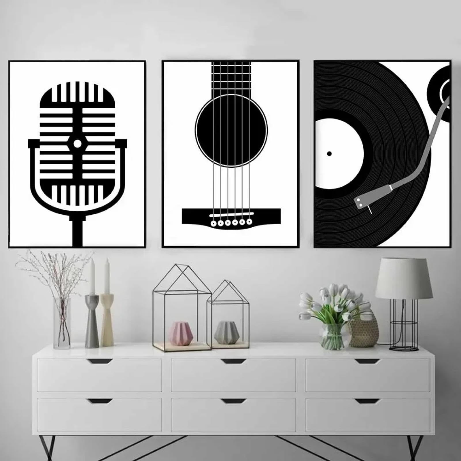 AINIBPO Galleria di musica per amanti delle stampe artistiche su tela Strumenti musicali Poster minimalisti Dipinti per soggiorno Decorazione per la casa 60x90cmx3 Senza cornice