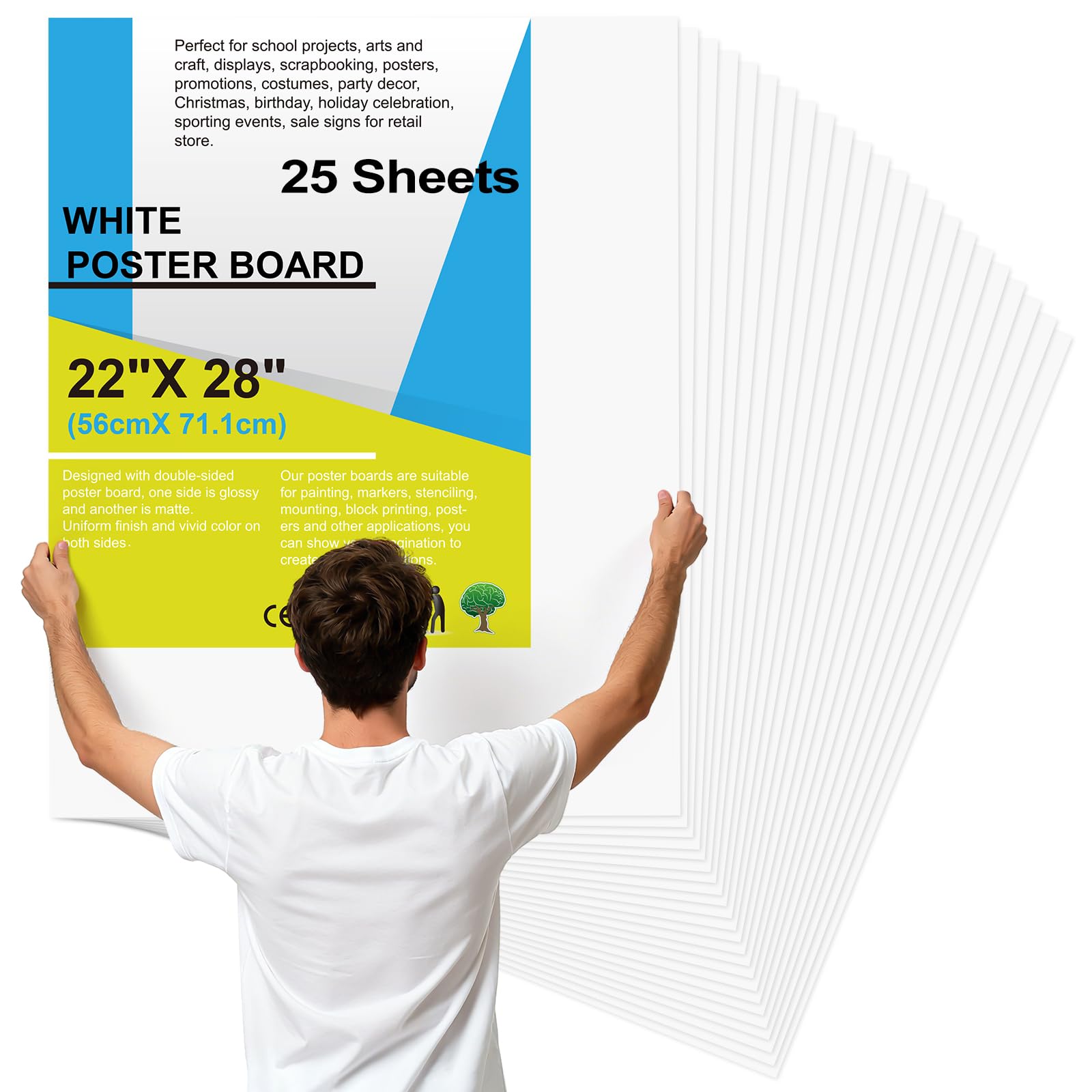 25 Pcs 22" x 28" Poster Board White Poster Paper Bulk, ROOKEA 250 GSM Thickness Vision Boards Smart Poster Board for School Arts Craft Projects