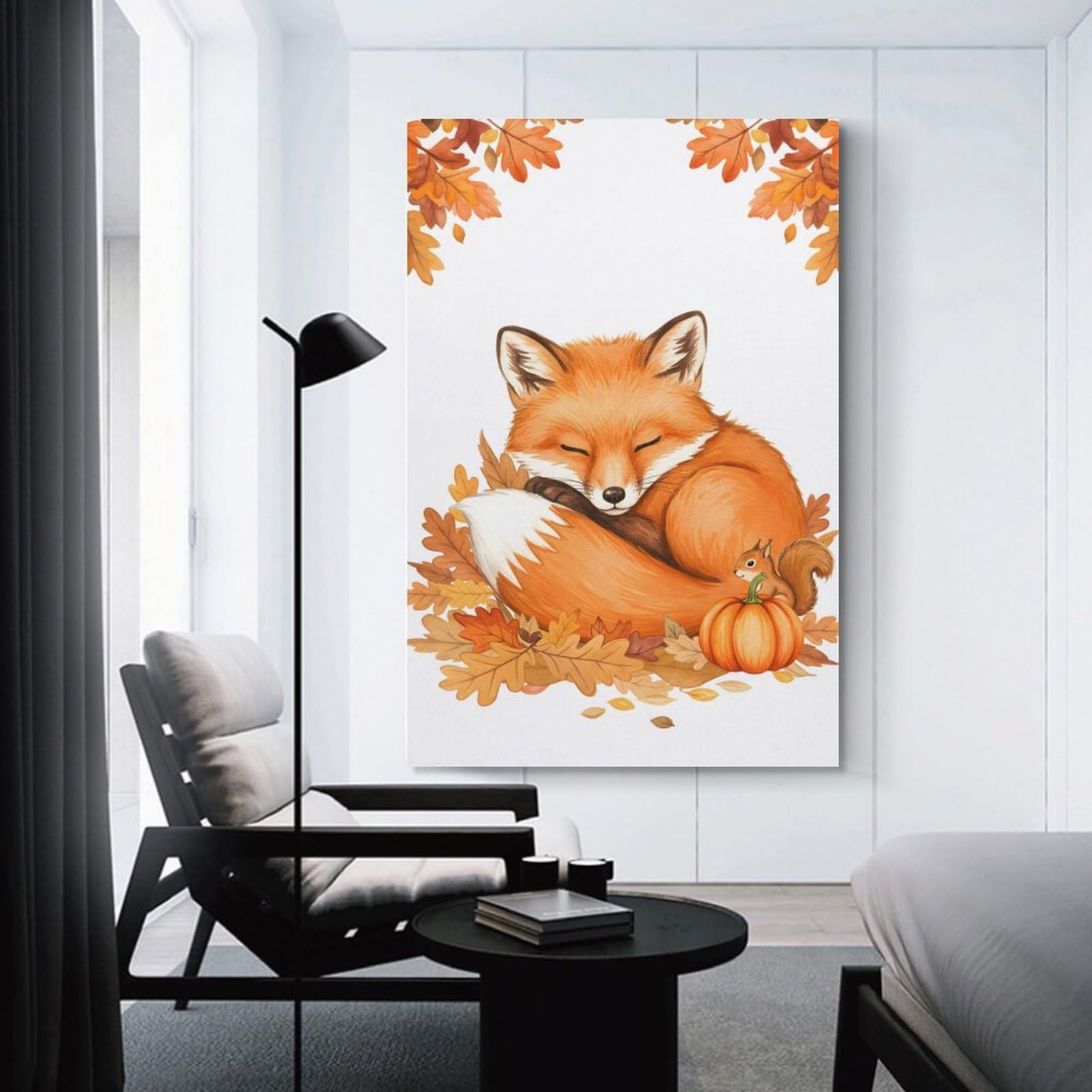 Junmoney Sleeping Fox with Squirrel And Pumpkin Home Decor Wall Art 08x12inch(20x30cm), for Home, Office, Studio Or Guest Room, Canvas Wall Art That Fits Changing Layouts