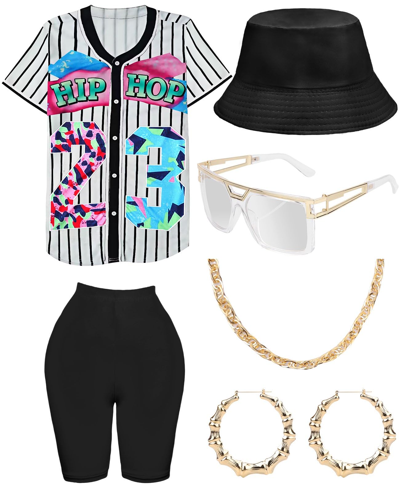 80s 90s Outfit for Women, Unisex Hip Hop Costume Baseball Jersey Shirt Yoga Pants Bucket Hat Gold Chain Rapper Accessories