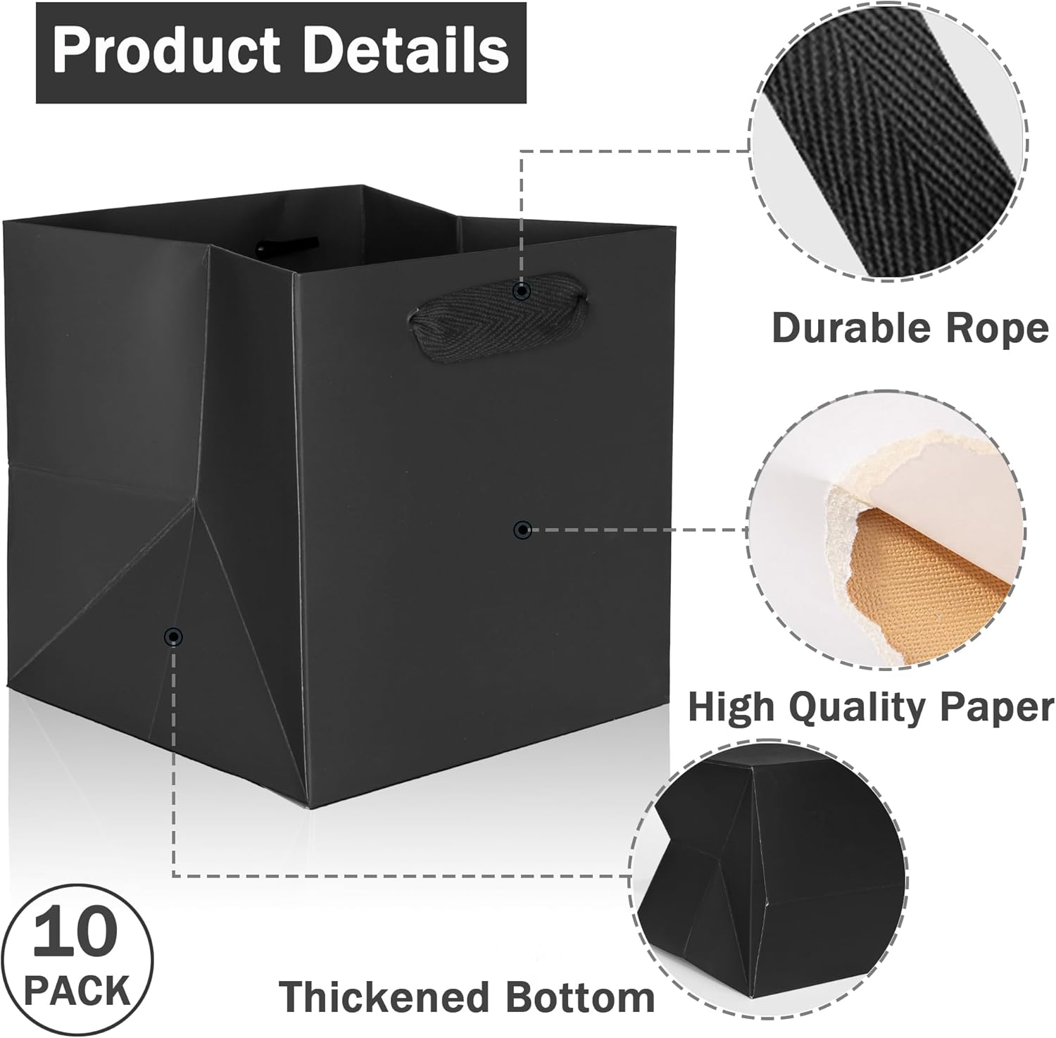 IN-JOOYAA Black Square Gift Bags Large Paper Bags Party Favor Bags with Rope Handle 10 Pcs (10 x 10 x 10 in, Black) - Image 3