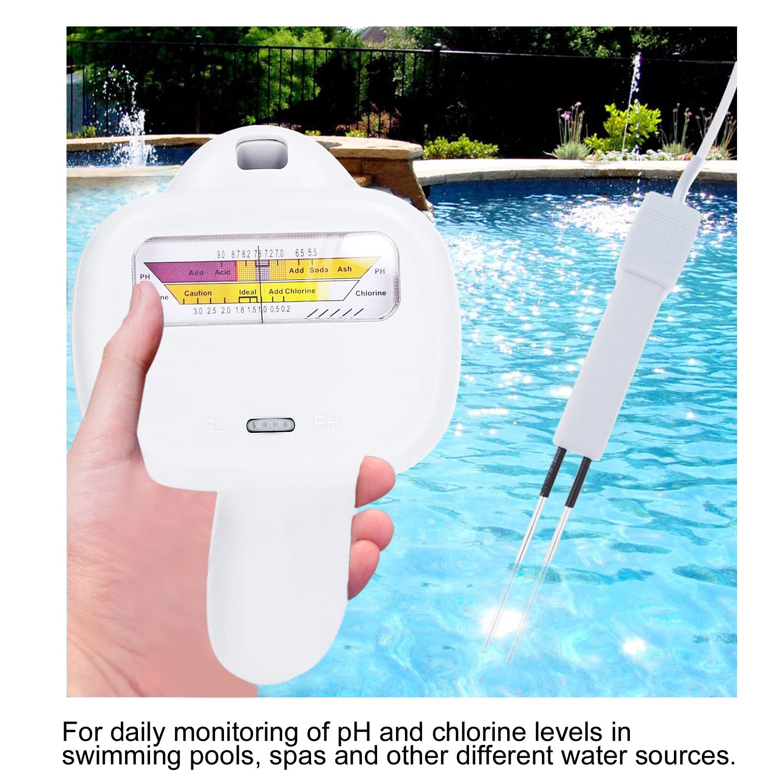 Fockety Tester Di Qualità Del'acqua, 2 in 1 Portatile Cloro e Ph Tester per Piscina Cloro, Analisi della Qualità Del'acqua Monitor Ph Meter con Sonda per Piscina Spa