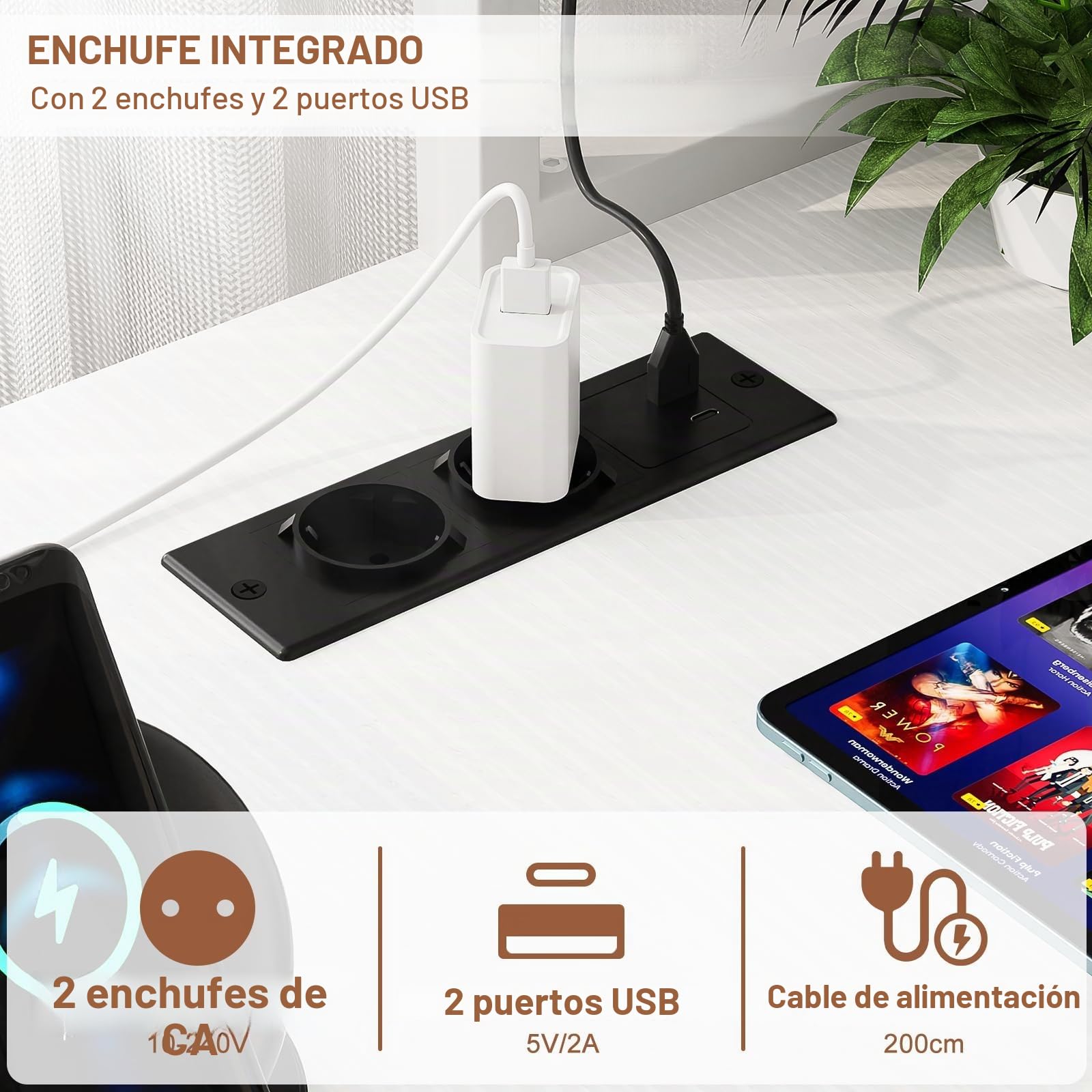iSunirm Escritorio para Juegos Compartimento, Luces LED y Tomas de Corriente, 100 x 50 cm, estantes y Soporte para Monitor, Blanco