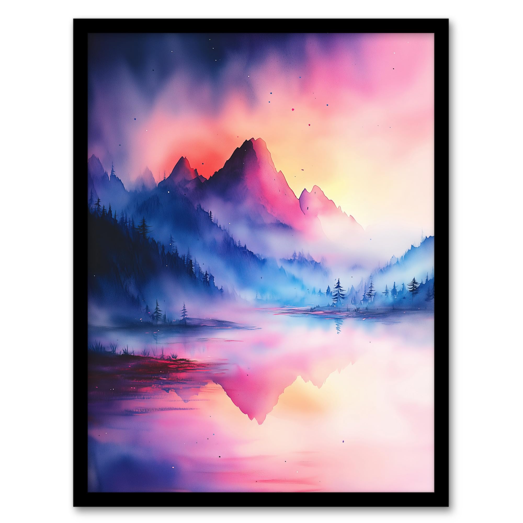 Artery8 Misty Mountain Forest Lake Sunset Sky Watercolour Wall Art PrintA4 Size from B&Q