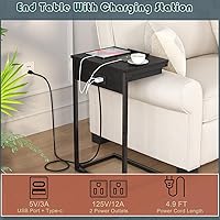 Vista 5 de sthmec Mesa auxiliar en forma de C con estación de carga, mesa auxiliar abatible ajustable de 45° con almacenamiento, mesa pequeña en C