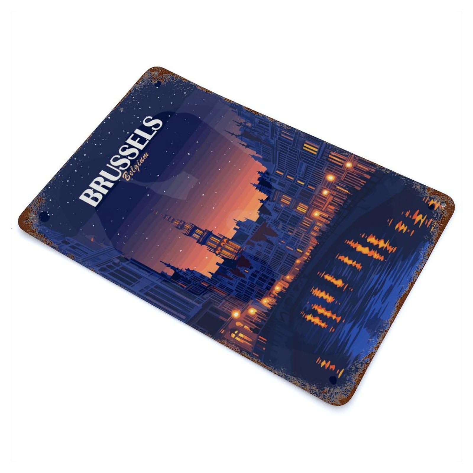 Distressed Metal Wall Sign with Brussels Belgium Night Cityscape Art Design 11.8"x7.9", for Living Room, Hallway And Home Decor, Vintage Wall Decor