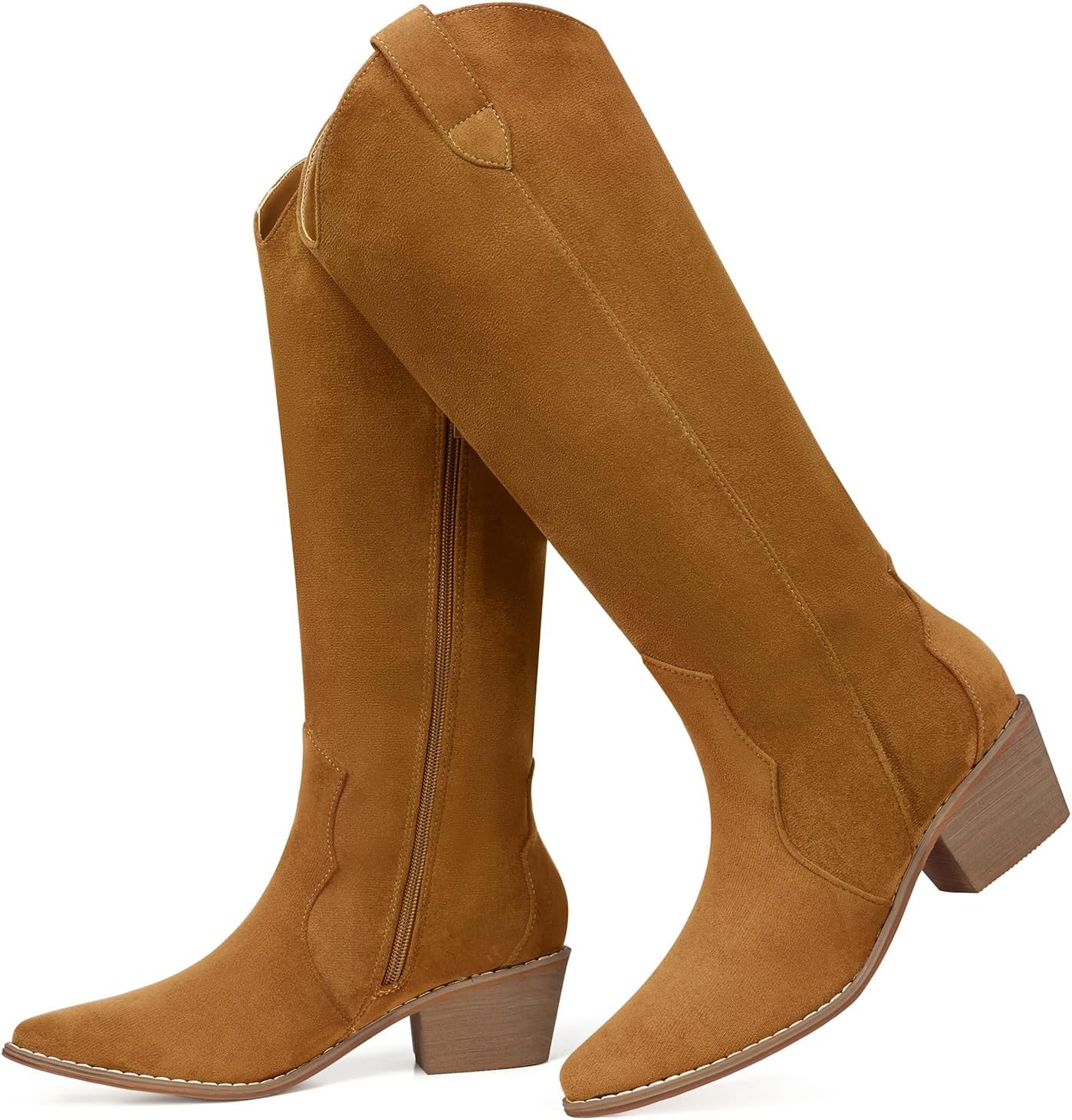 SHIBEVER Suede Knee High Cowboy Boots for Women Comfortable Tall Cowgirl Boots Zipper Low Heel Fall Winter Western Booties