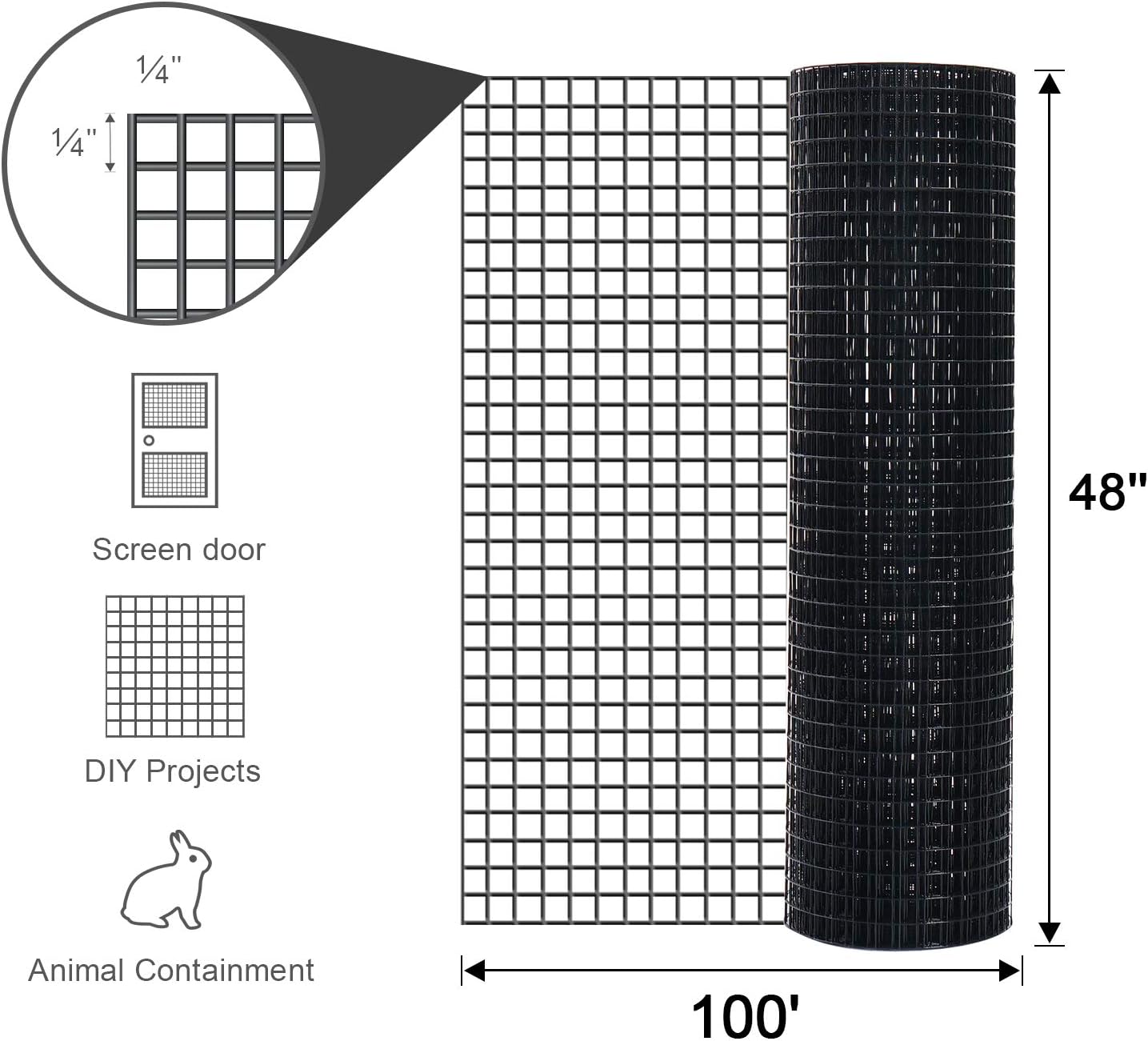 48'' x 100' 1/4inch Hardware Cloth 19 Gauge Black Vinyl Coated Welded Fence Mesh for Home and Garden Fence and Home Improvement Project (48'' x 100')