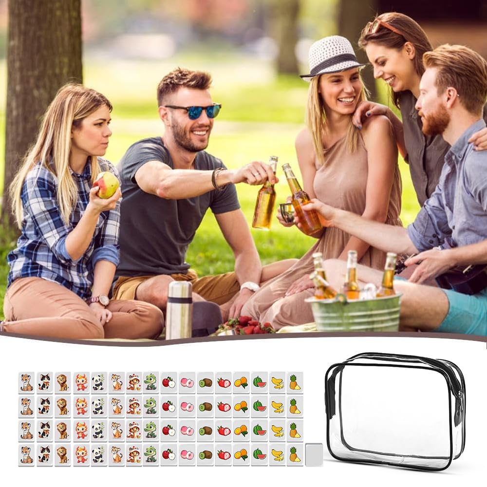 Lot de 65 blocs de jeu Seaside Escape Game - 30 mm - Avec autocollants - Motif fruits et animaux - Mahjong - Pour famille, voyage, réunion de fête