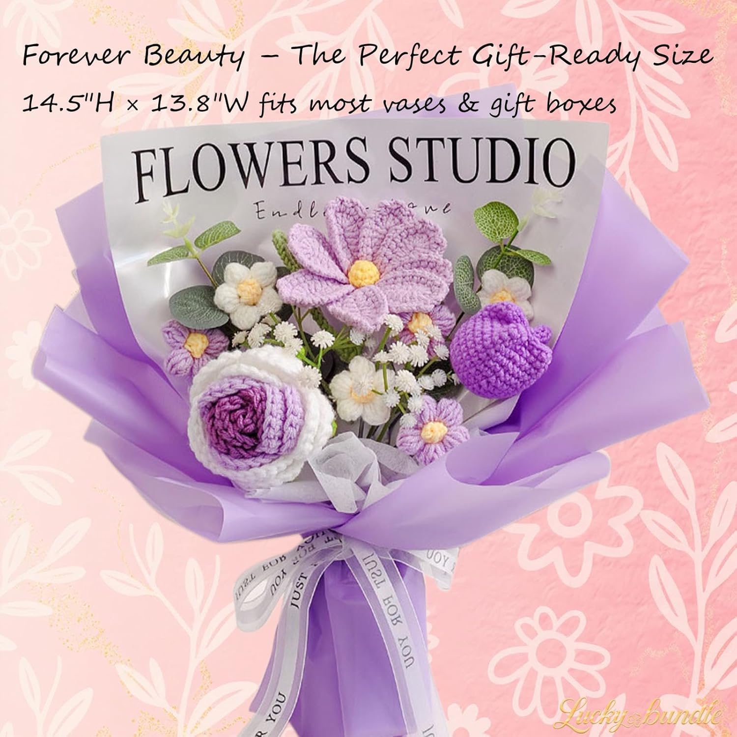 Hand-Crochet Floral Bouquet - Roses, Tulips & Cosmos with Eucalyptus - Hypoallergenic Everlasting Keepsake for Her, Mother's Day & Weddings (Includes Bag & Card)