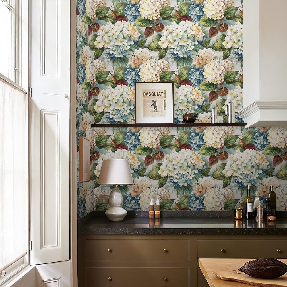 REDAMANCY Vintage White Hydrangea Flower Boho Peel and Stick Wallpaper Vintage Wall Paper Stick on Contact Paper Easy Peel Off for nightstand Drawer Renter Friendly 17.7"x236"
