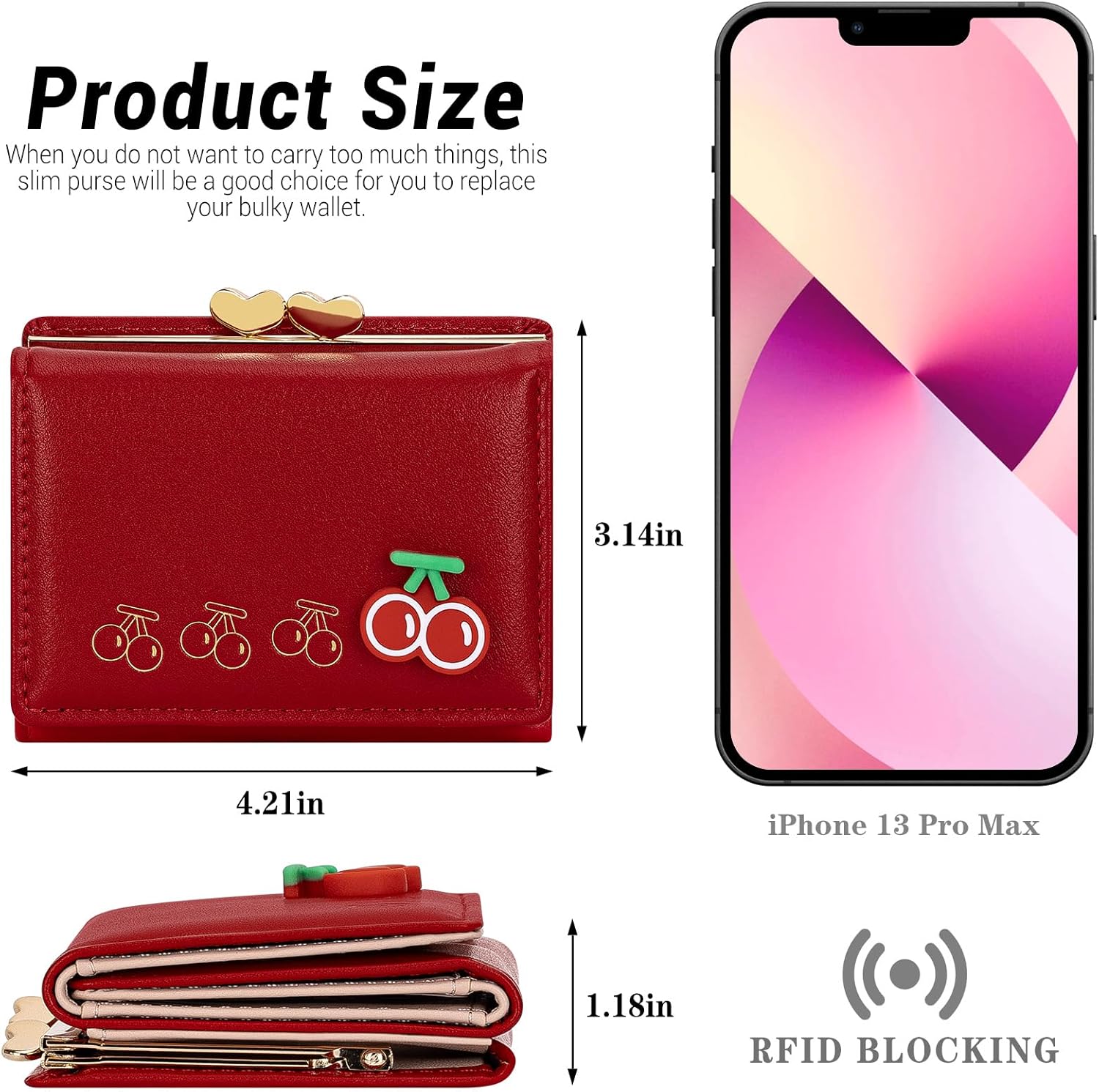 YINHEXI Wallet Women, RFID Blocking Small Compact Trifold PU Leather Card Holder Purse with Coin Pocket & ID Window for Ladies, Teens, and Girls (Cherry Red) - Image 3