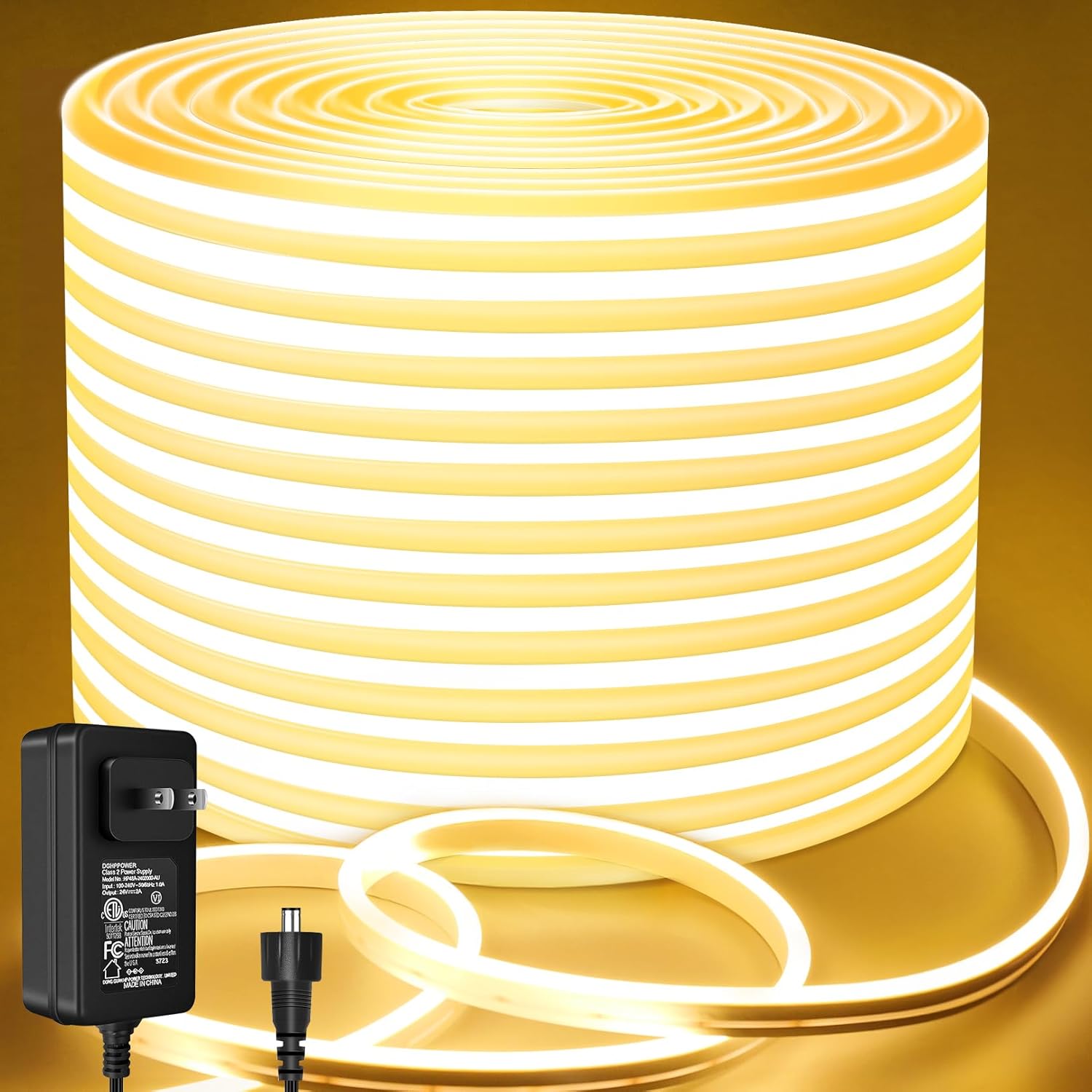 Lamomo Neon LED Rope Light 32.8Ft, Warm White LED Strip Lights 1.96in/Cut, 3000K Waterproof Flexible Silicone 24V Led Strip for DIY Neon Sign Bedroom Indoor Outdoor Decor（Power Adapter Included）