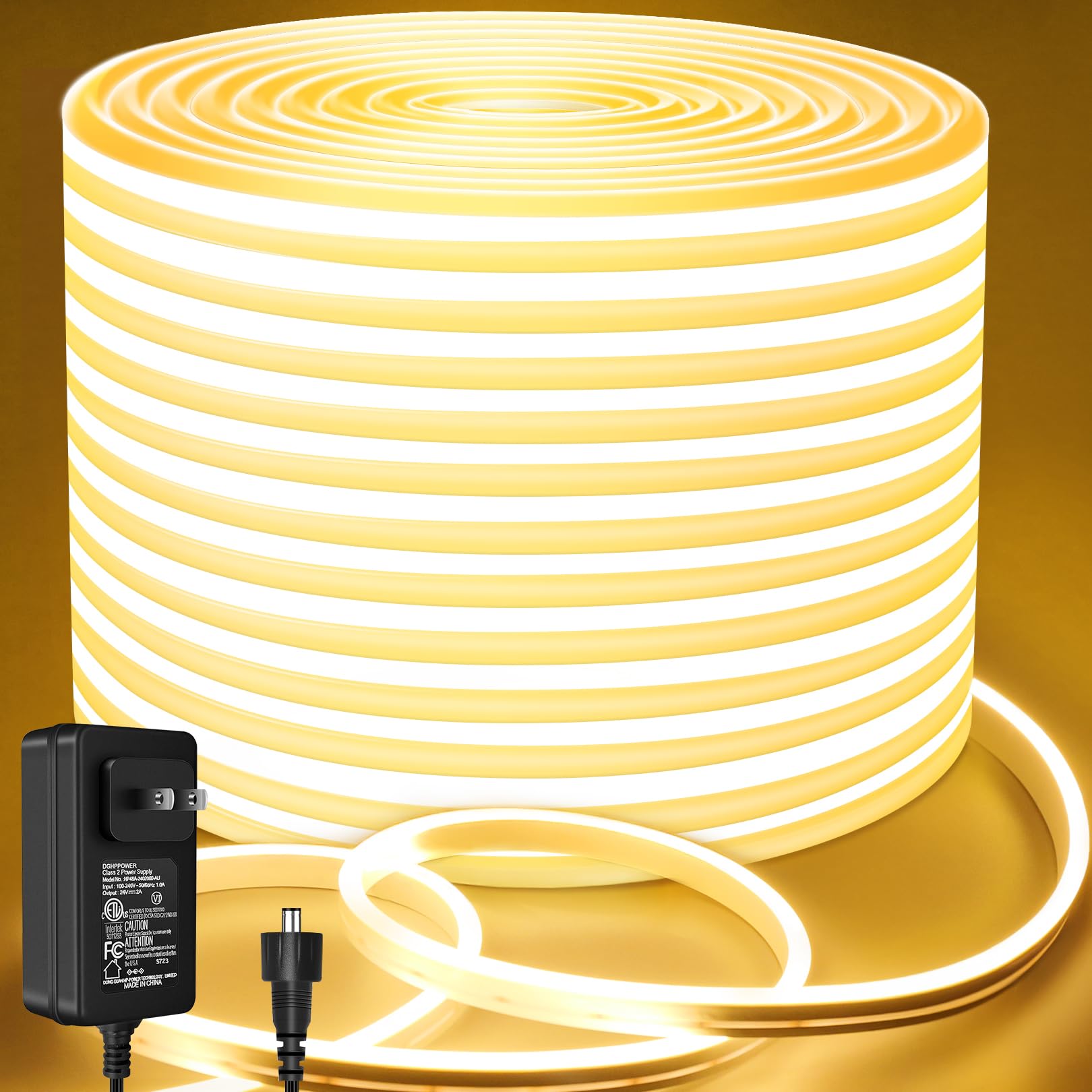 Lamomo Neon LED Rope Light 32.8Ft, Warm White LED Strip Lights 1.96in/Cut, 3000K Waterproof Flexible Silicone 24V Led Strip for DIY Neon Sign Bedroom Indoor Outdoor Decor（Power Adapter Included）