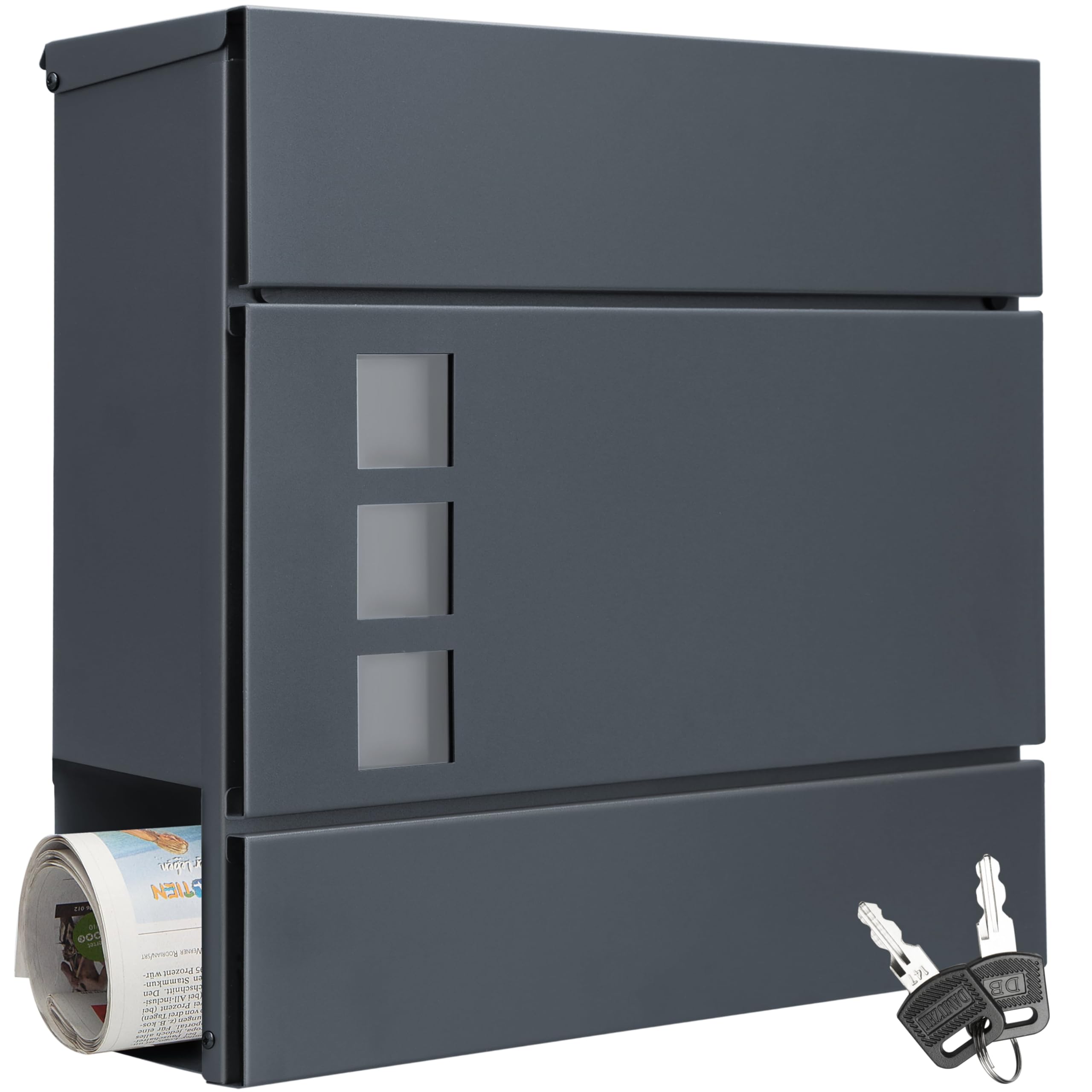 MONZANA® XXL Briefkasten Postkasten mit Zeitungsfach Sichtfenster abschließbar 2 Schlüssel Montagematerial Stahl modern einfache Montage Zeitungsrolle Wandbriefkasten Anthrazit