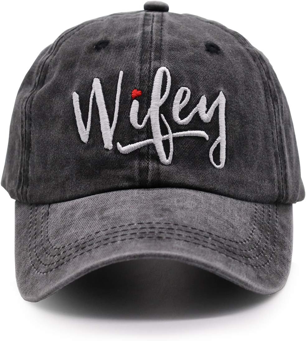 Embroidered Wifey Ponytail Hat Vintage Washed Adjustable Denim Baseball Cap for Women - Image 2