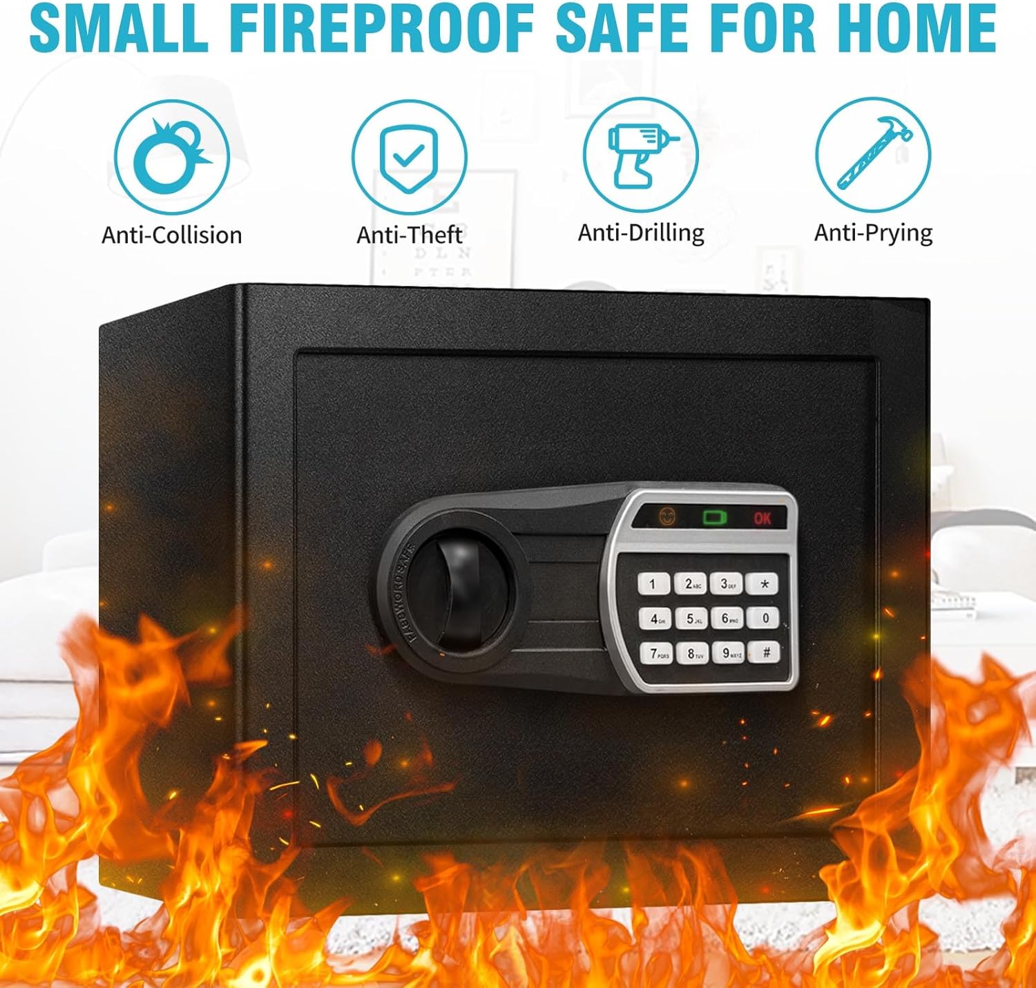 1.6 cuft safe box, home safes with fireproof waterproof bag, anti-theft safety box with digital keypad, smart alert system, spare keys, removable shelf, led light, personal document safe 1.6 cubic feet