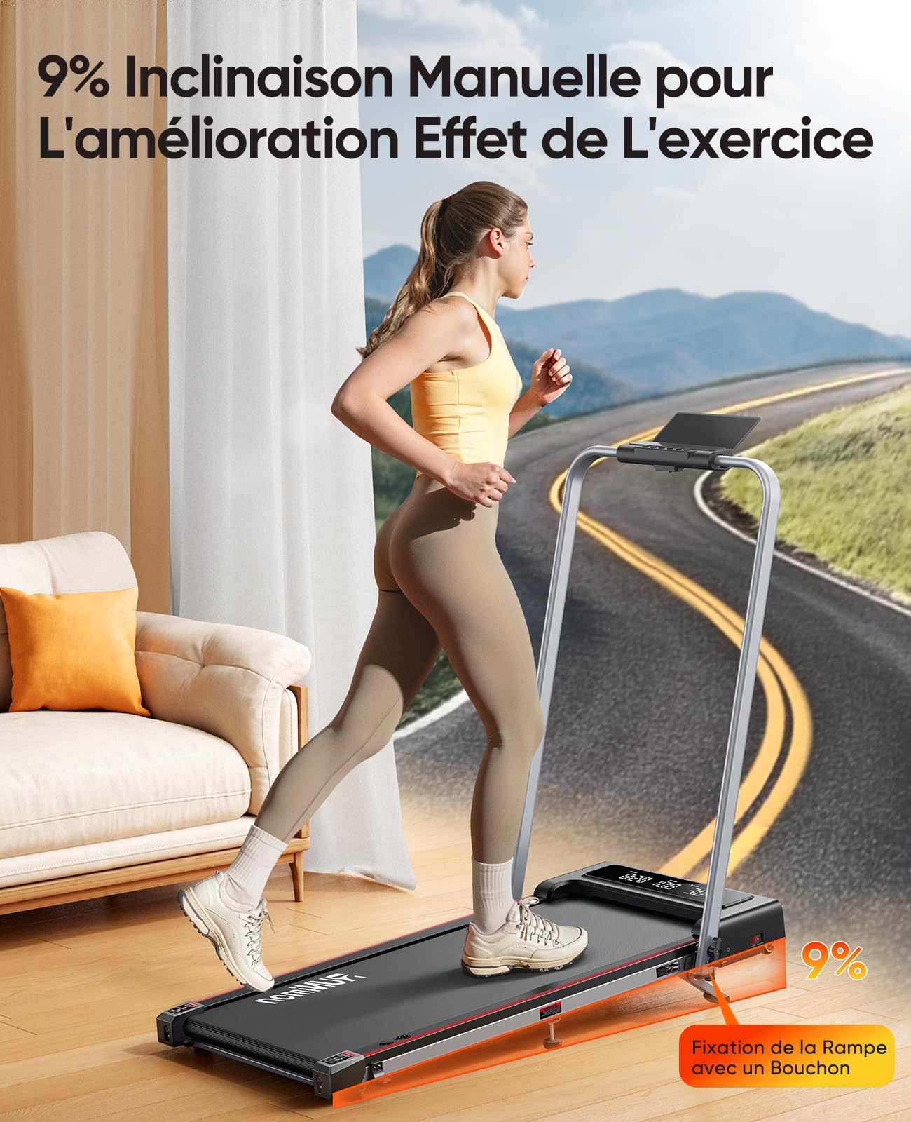 Tapis de Course 6 en 1 Pliable Inclinable, 12 km/h, 2.5HP, 2 Écrans LED, APP Intelligente