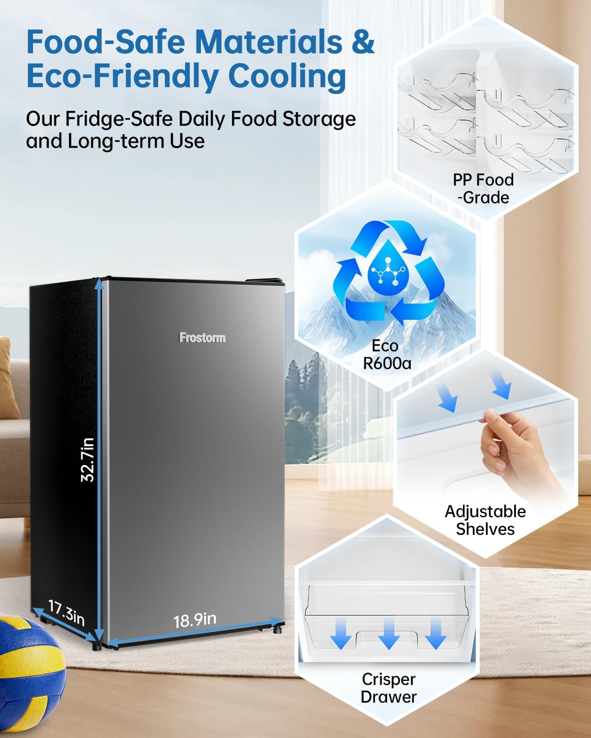 3.2 Cu Ft Mini Fridge with Freezer - Energy Efficient, Large Capacity Single Door Upright Freezer for Bedroom, Office & Dorm | Small Fridge, Reversible Door, ETL Certified(Silver)