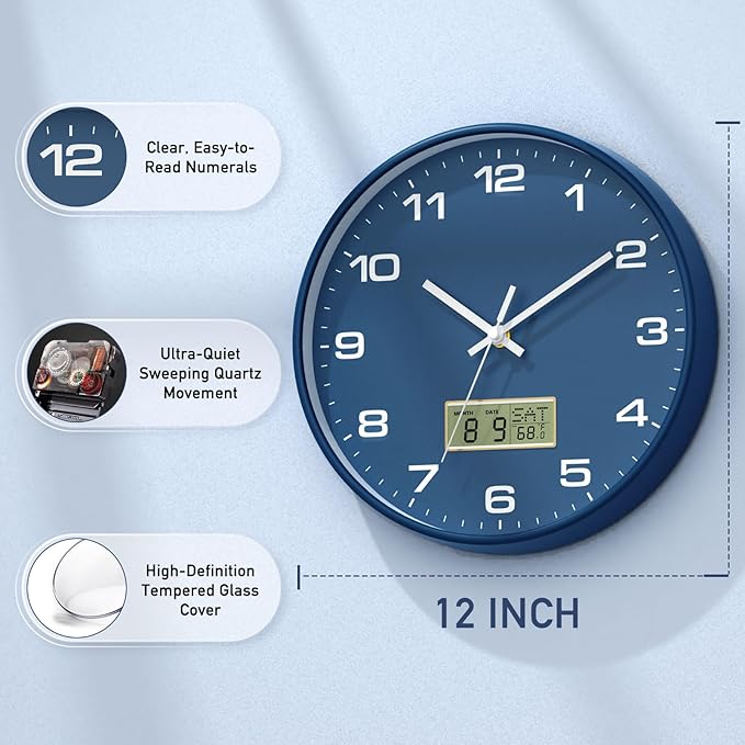 Reloj de Pared 12 Pulgadas, Analógico Silencioso con Pantalla LCD miniatura 3