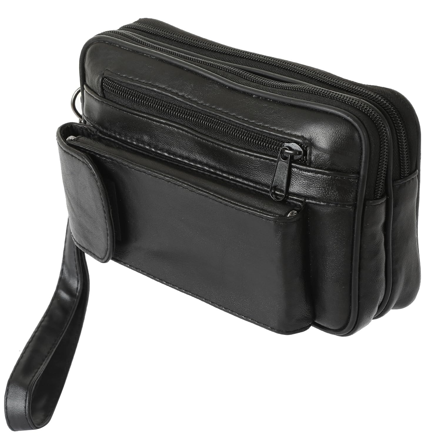 Herren Handgelenktasche Echt Leder Schwarz - Handtasche mit Brillen- und Handyfach - 4 Reißverschlussfächer - Organizer für Reise und Dokumente - Portemonnaie Tasche groß