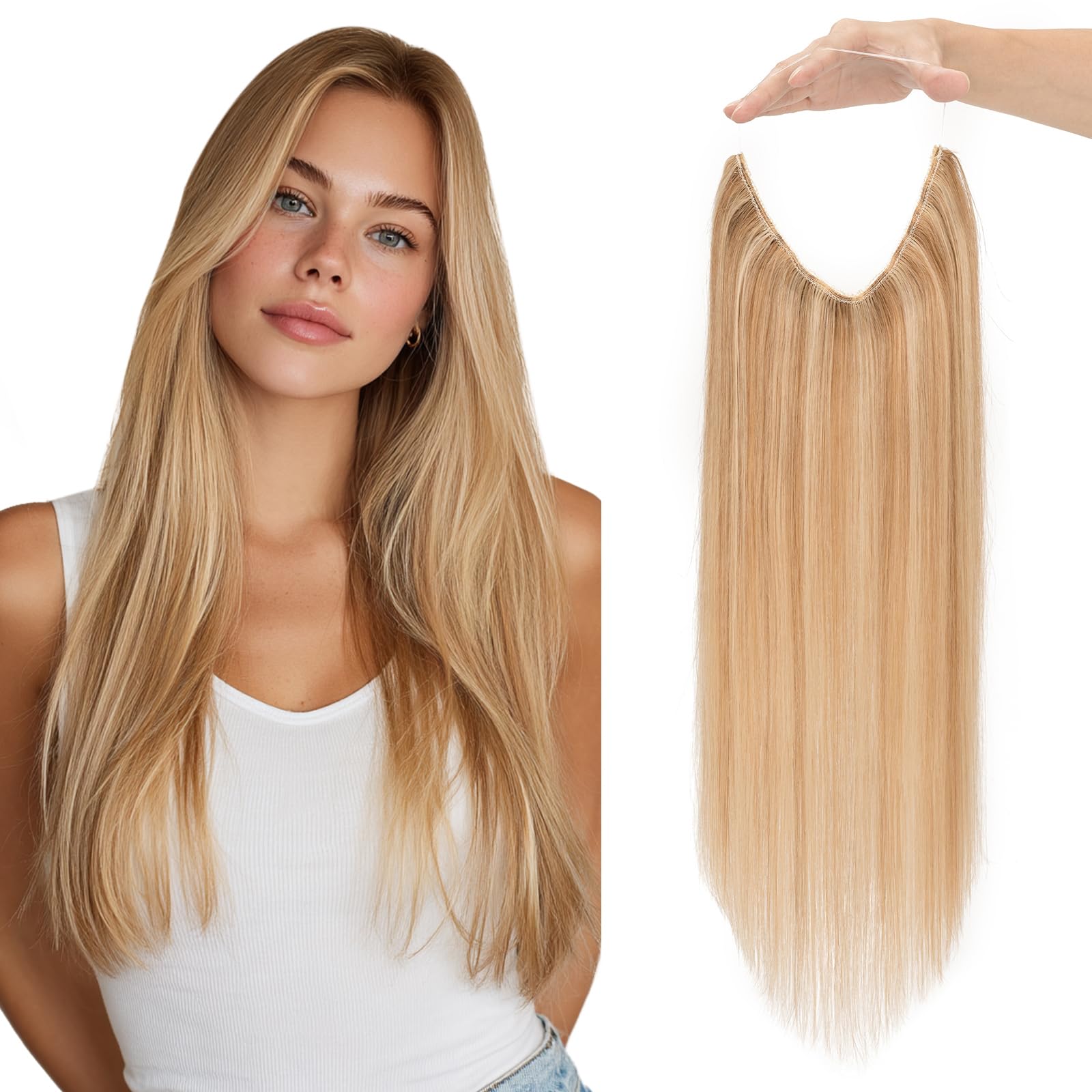 MY-LADY Extensiones Hilo Invisible Pelo Natural Ajustable, 30cm Secret Wire Hair Extensions Cabello Humano Lacio con 2 Clips para Mujer #12P613 Castaño Dorado y Rubio 55g | Extensiones de cabello con alambre de 2 clips, fácil de instalar, ajustable, invis
