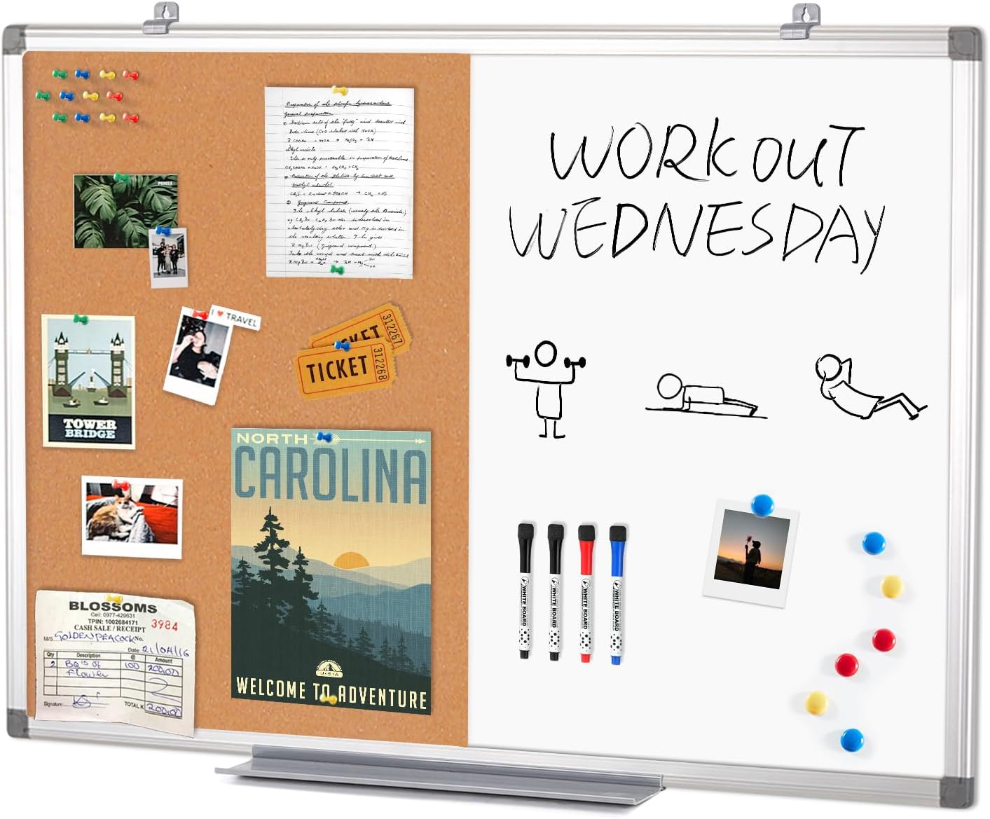 Swansea Magnetic Whiteboard Combination Cork Pin Noticeboard Office Home School with Dry Erase Pen + 6 Pins,90x60cm