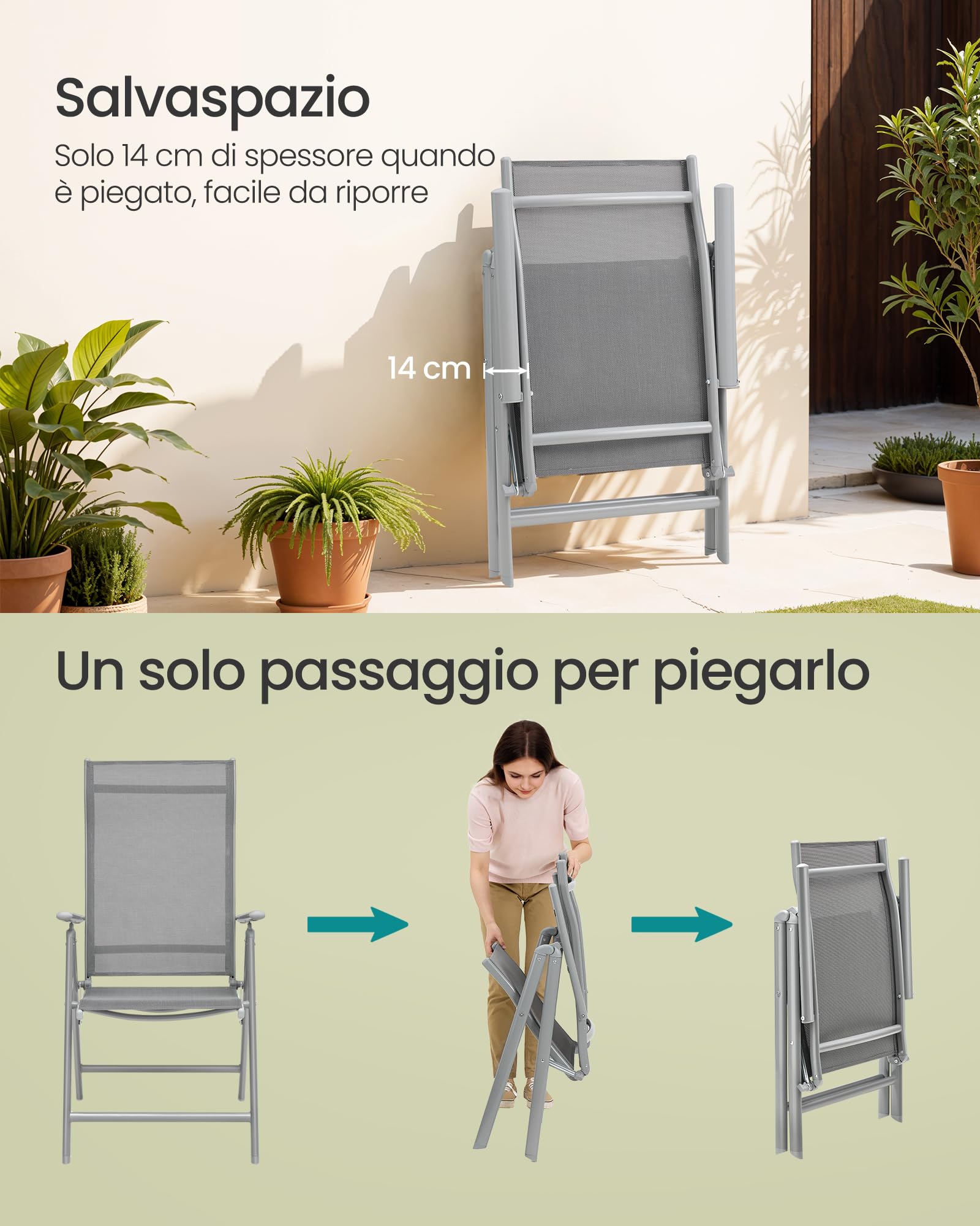 SONGMICS Sedie da Giardino Pieghevoli 2 Pezzi Struttura Metallo Schienale Regolabile 8 Posizioni 150 kg Grigio GCB29GY