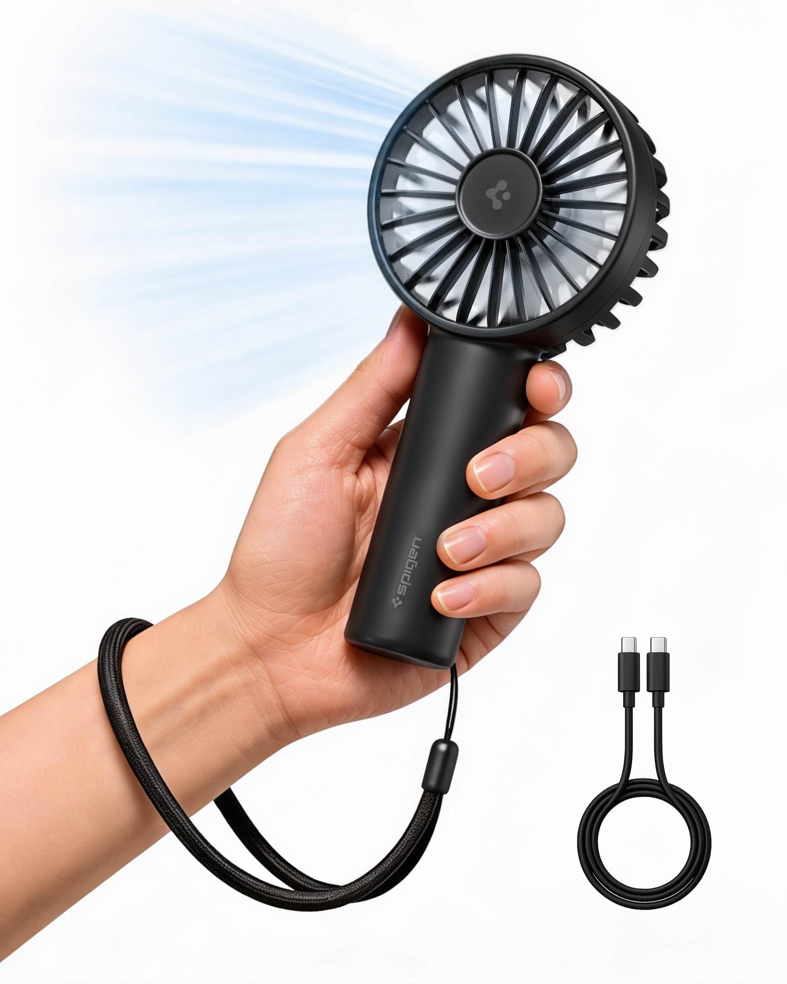Spigen Ventilatore Mini Portatile [Incl. Cavo USB-C & Cinghia] Portatile 1800mAh USB-C Ricaricabile 3 Velocità Fino a 11H Silenzioso Leggero Viaggio Ufficio Esterno - Nero