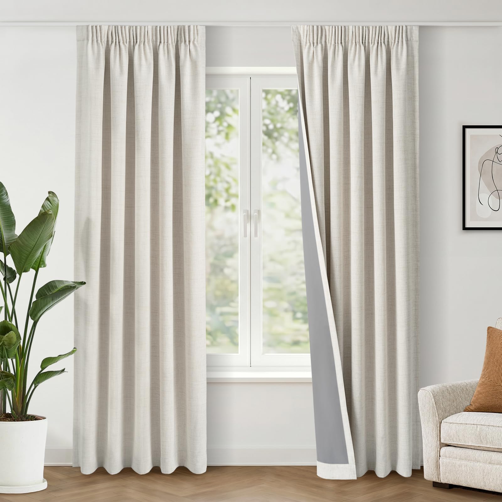 INOVADAY 100% Verdunklungsvorhänge Kräuselband 2 Stück | Gardinen mit Kräuselband Wohnzimmer für Schienensystem, Vorhang Blickdicht Leinenoptik, Thermovorhang Schlafzimmer, OEKO