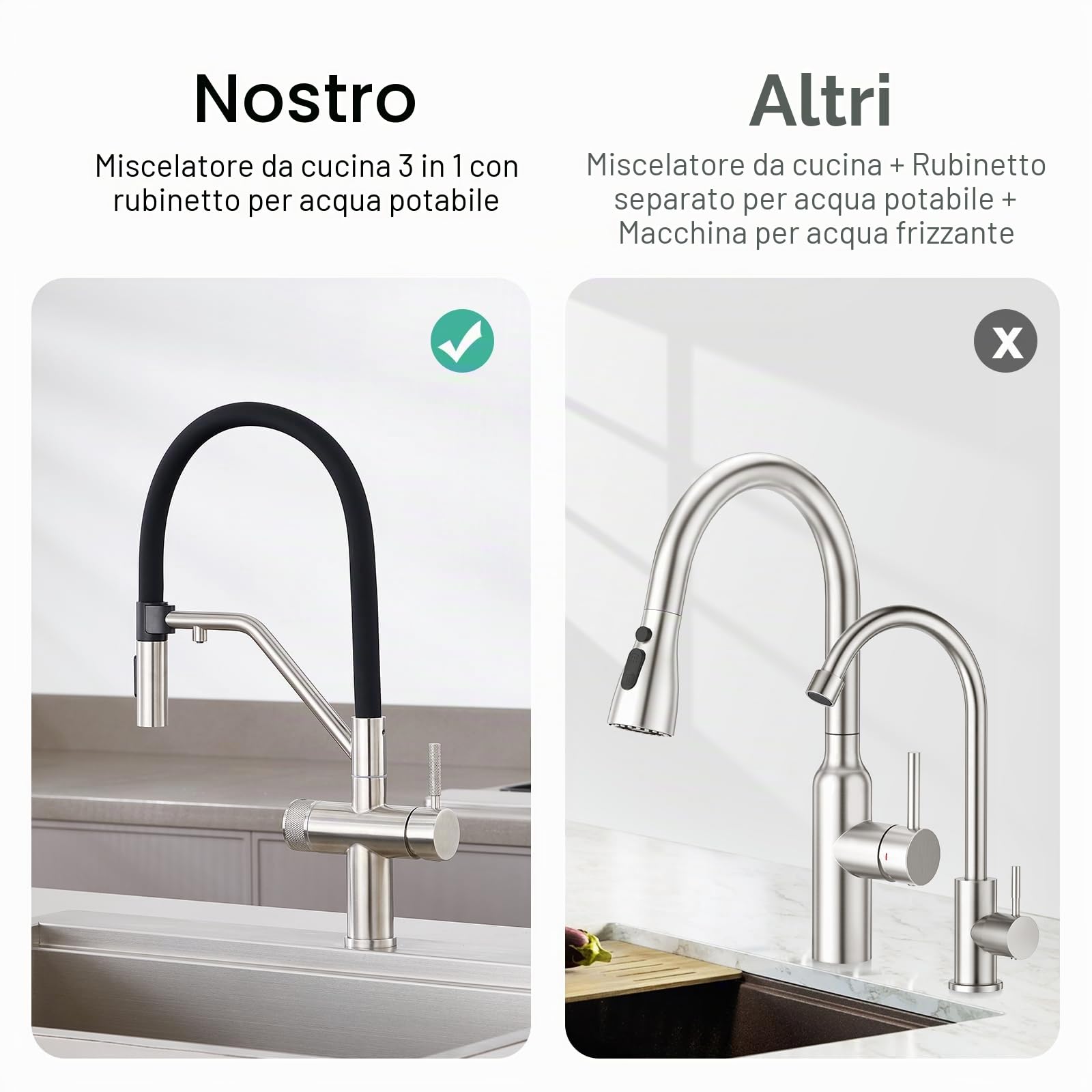 Faustina Miscelatore da cucina a 4 vie smontabile, doppia leva con sistema a osmosi per acqua potabile, rubinetto per lavello con tubo flessibile in silicone nero