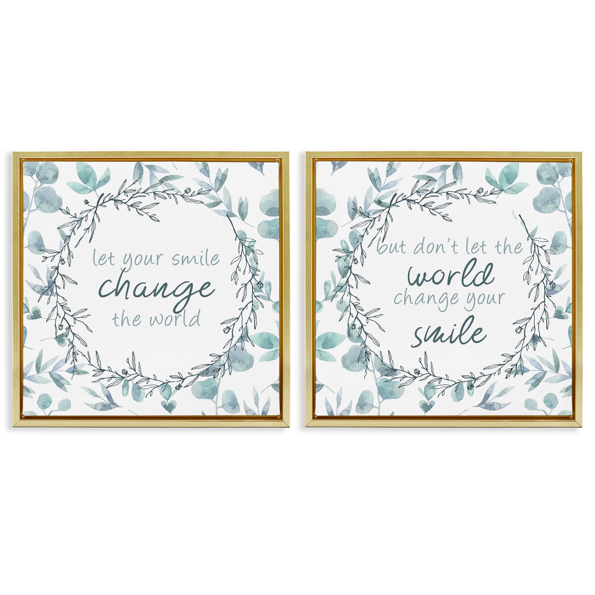 Stupell Industries Floral Smile Quote 'Inspirational Smile Quotes', 2Pc Floating Frame Art Set 2, Gold, 18 X 18 Inches, Easy To Hang And Sturdy, Made In Usa, By Kim Allen