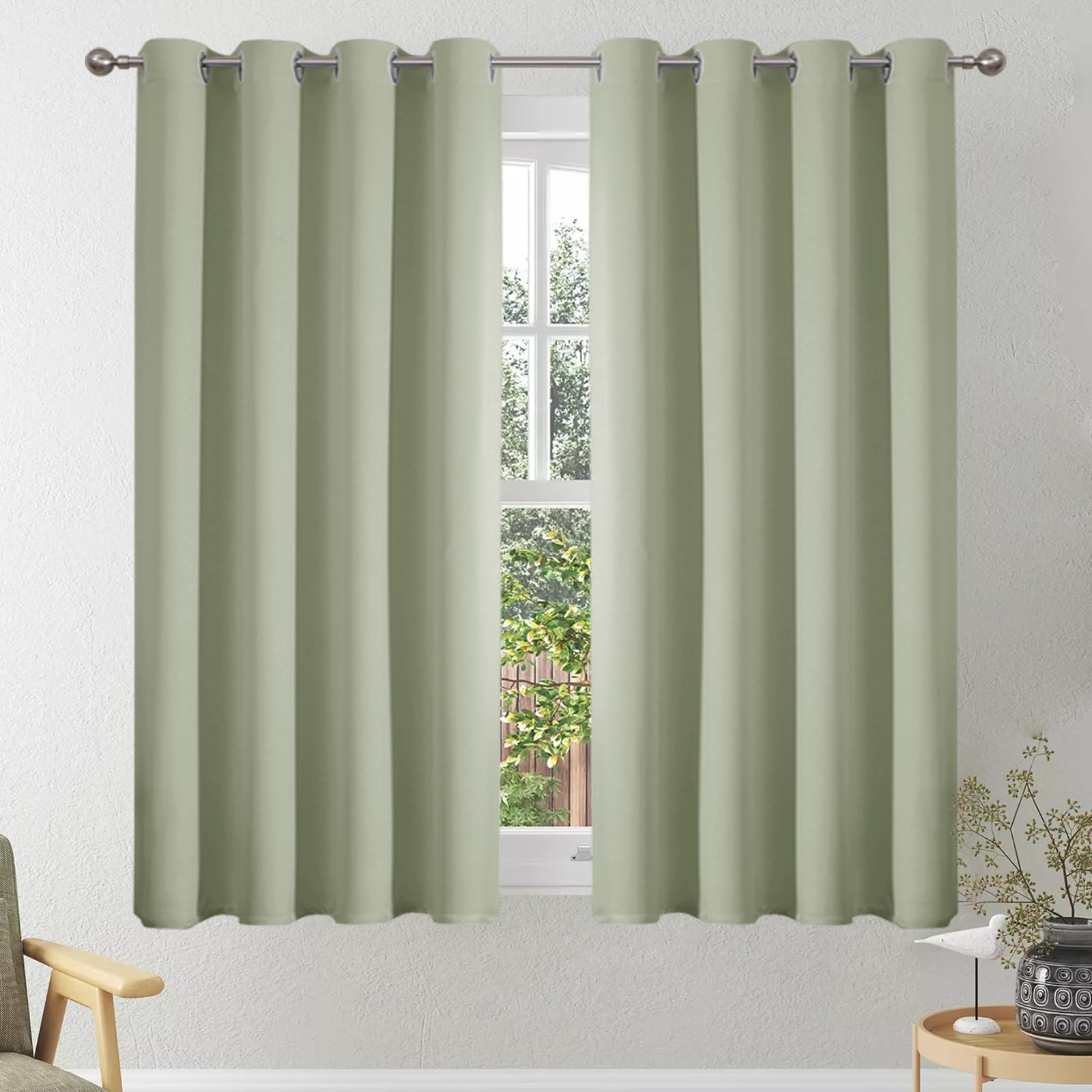 VEHEDE Blackout Curtains 54 Inch Drop, Eyelet Thermal Insulated Short Curtain for Bedroom, Soft Small Living Room Window Curtains & Drapes, W46 x L54 Inch, Sage Green, 2 Panels — image 1