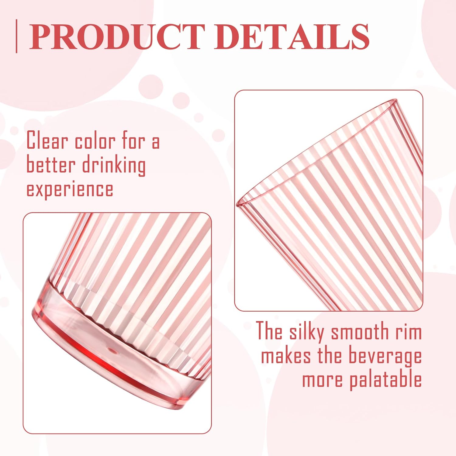 24 PCS Plastic Ribbed Drinking Glasses Pink 10oz Unbreakable Vintage Ripple Stemless Wine Glasses Cocktail Tumbler Glass Cups Disposable Retro Glasses Drinkware for Valentine Baby Shower Wedding