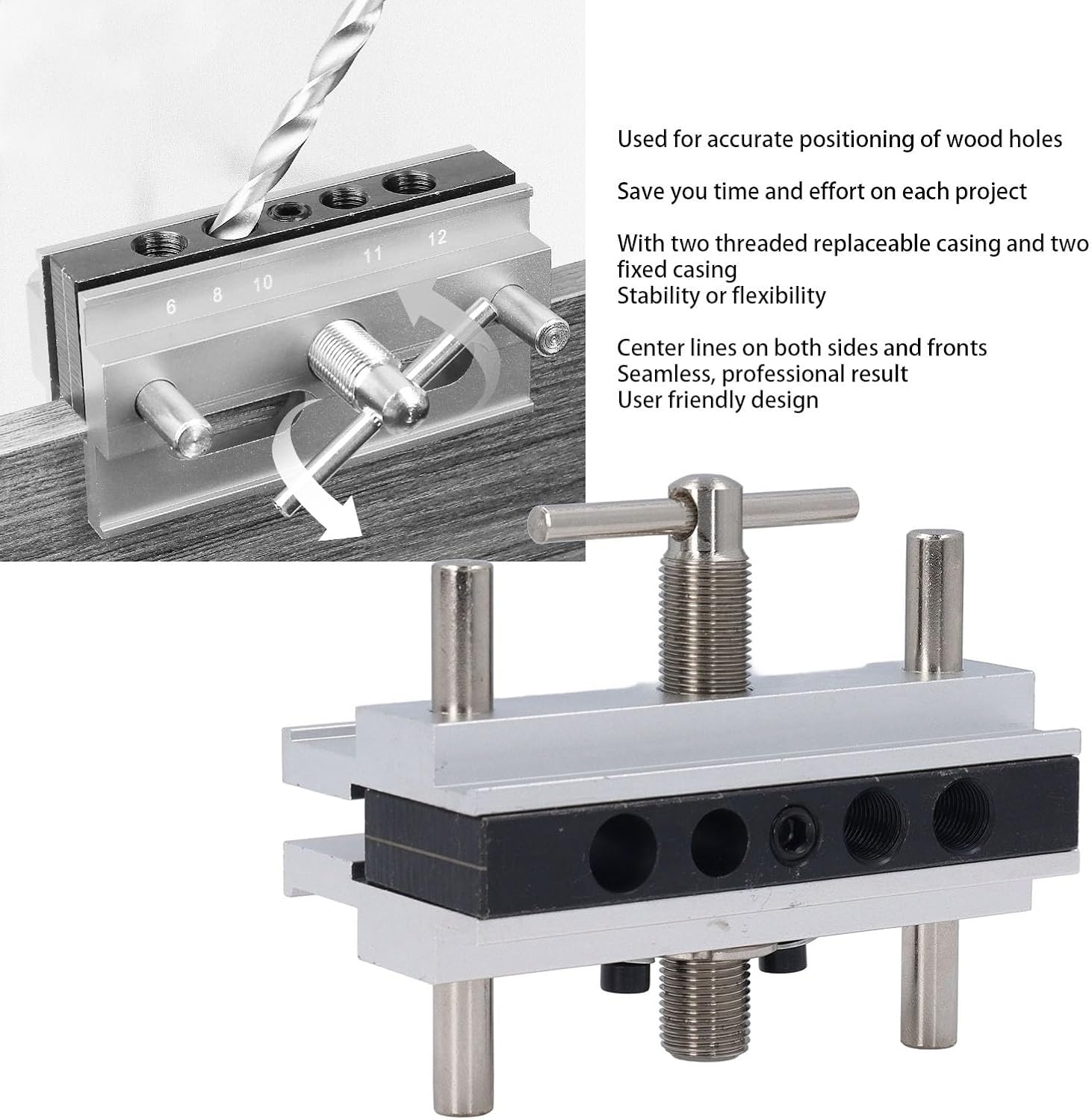 Self Centering Doweling Jig Kit Metric Adjustable Width Dowel Jig Kit for Straight Holes, Biscuit Joiner Set, 6 Bushings Power Tool Accessory Jigs for Straight Holes (Silver)