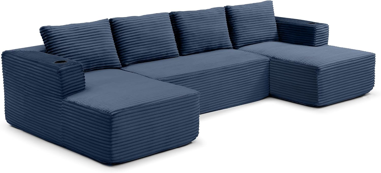132" Modern Corduroy Boneless Sectional Couch with 2 Cup Holders, 4-Seater U-Shaped Modular Sectional Sofa with Chaise, Large Sectional Couches for Living Room, No Assembly Required (Blue) | Oversized, Luxury, Fluffy, Breathable material