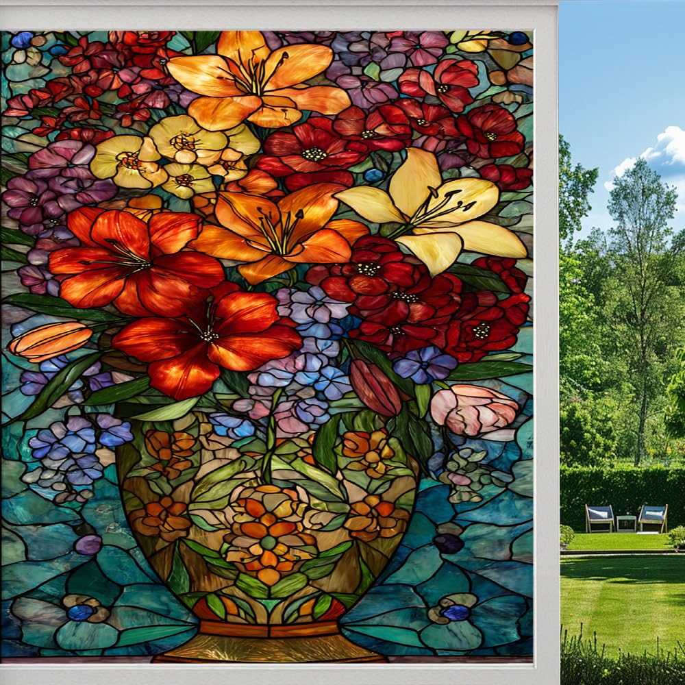 Pmlbaous Colorful Flower Vase Frosted Window Film, Natural Floral Bouquet Stained Glass Privacy Film, Heat Insulation Self-Adhesive Vinyl For Bathroom Office, （45X60cm）