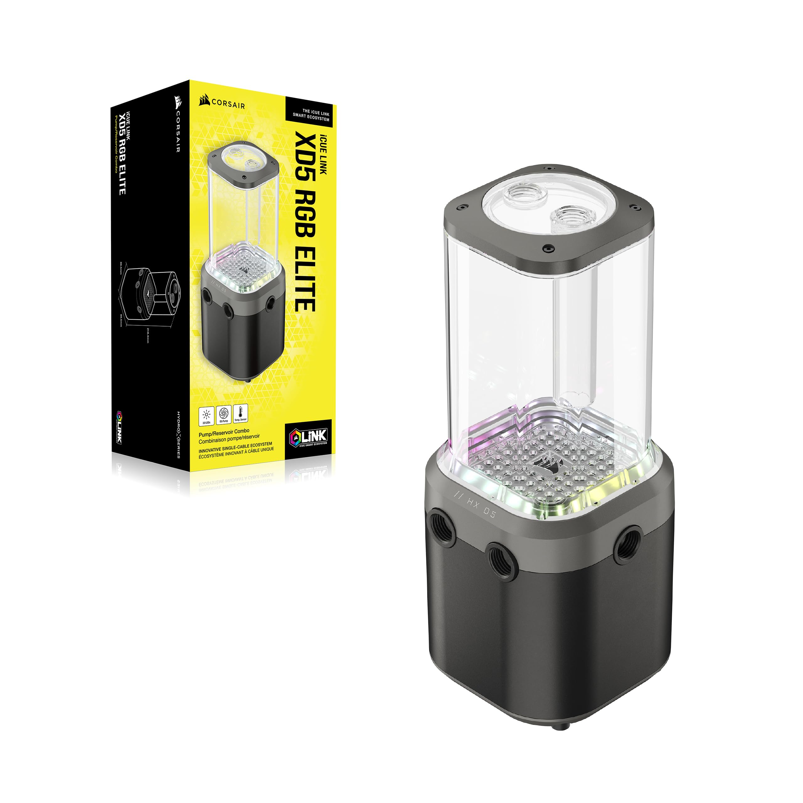 CORSAIR iCUE LINK XD5 RGB ELITE Unità Pompa/Serbatoio - Pompa D5 PWM - 22 LED RGB Regolabili - Serbatoio Trasparente da 440 ml - Grigio Invisibile
