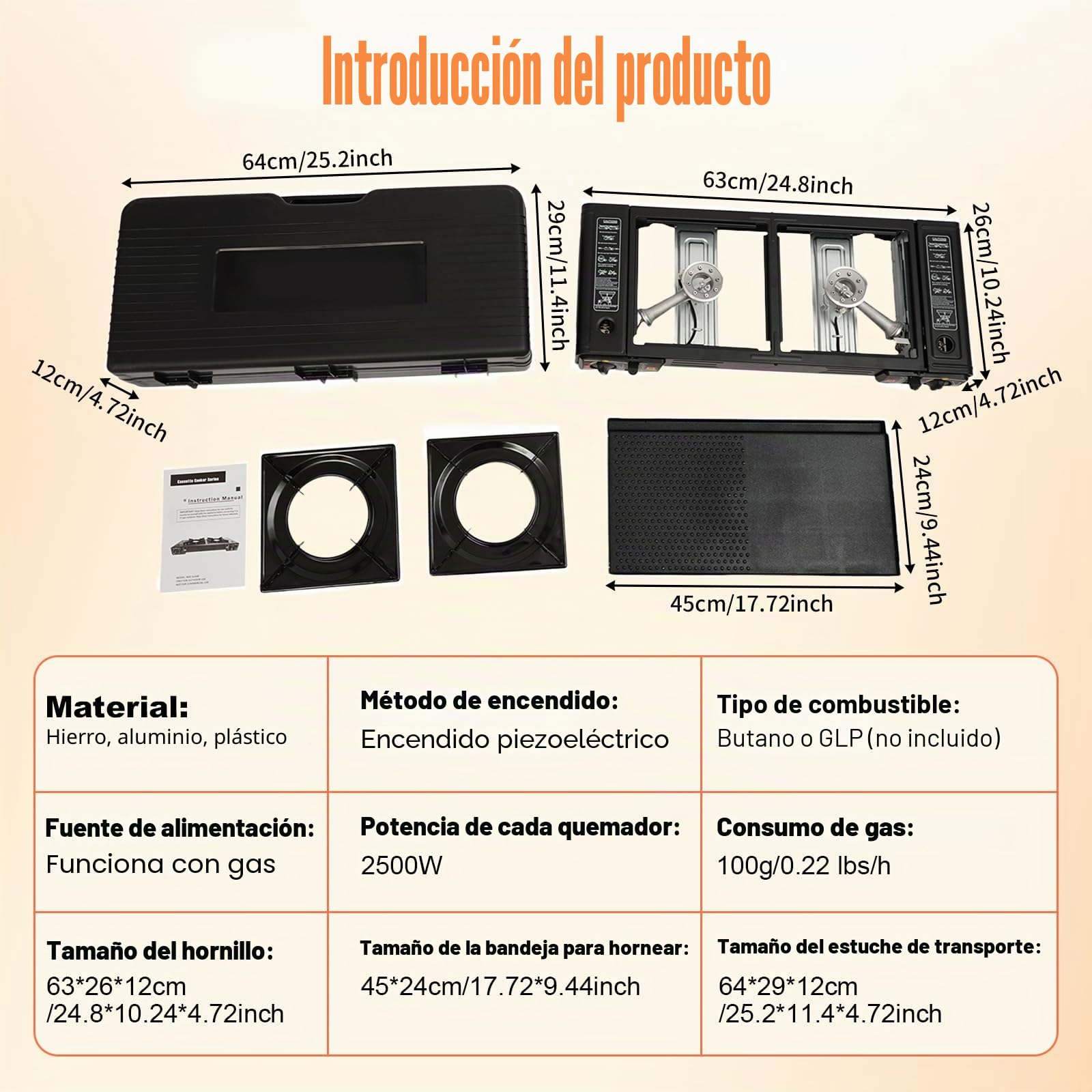 Hornillo de camping portátil de 2 quemadores de butano para exteriores, con placa para barbacoa, para picnic