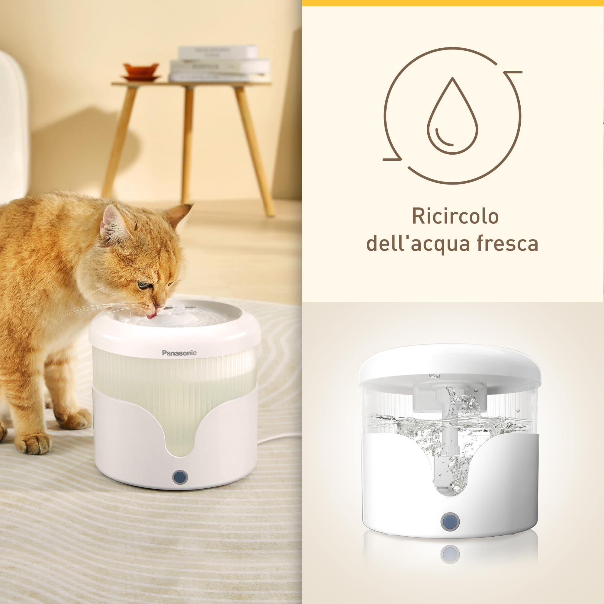 PANASONIC Fontana per Animali Domestici CP-JNW01-W, Fontana per Gatti e Cani di Taglia Medio-Piccola, Capacità 1,9L, Filtro a 4 Livelli, Super Silenziosa, Due Modalità, Bianco